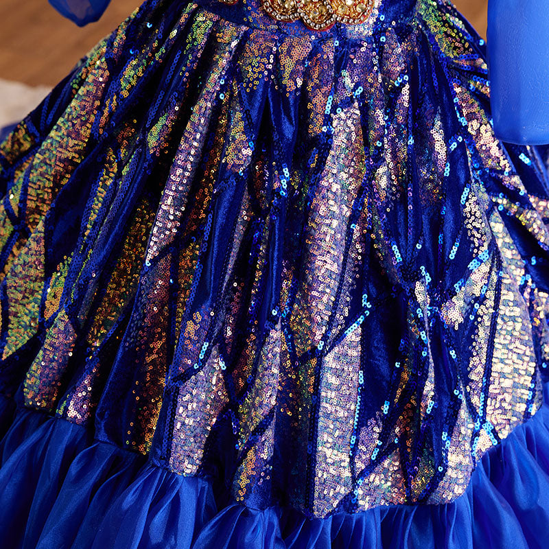 Sparkly Blue Sequin Flower Girl Dress with Long Puff Sleeves - Elegant A-Line Princess Gown for Weddings, Pageants & Special Occasions