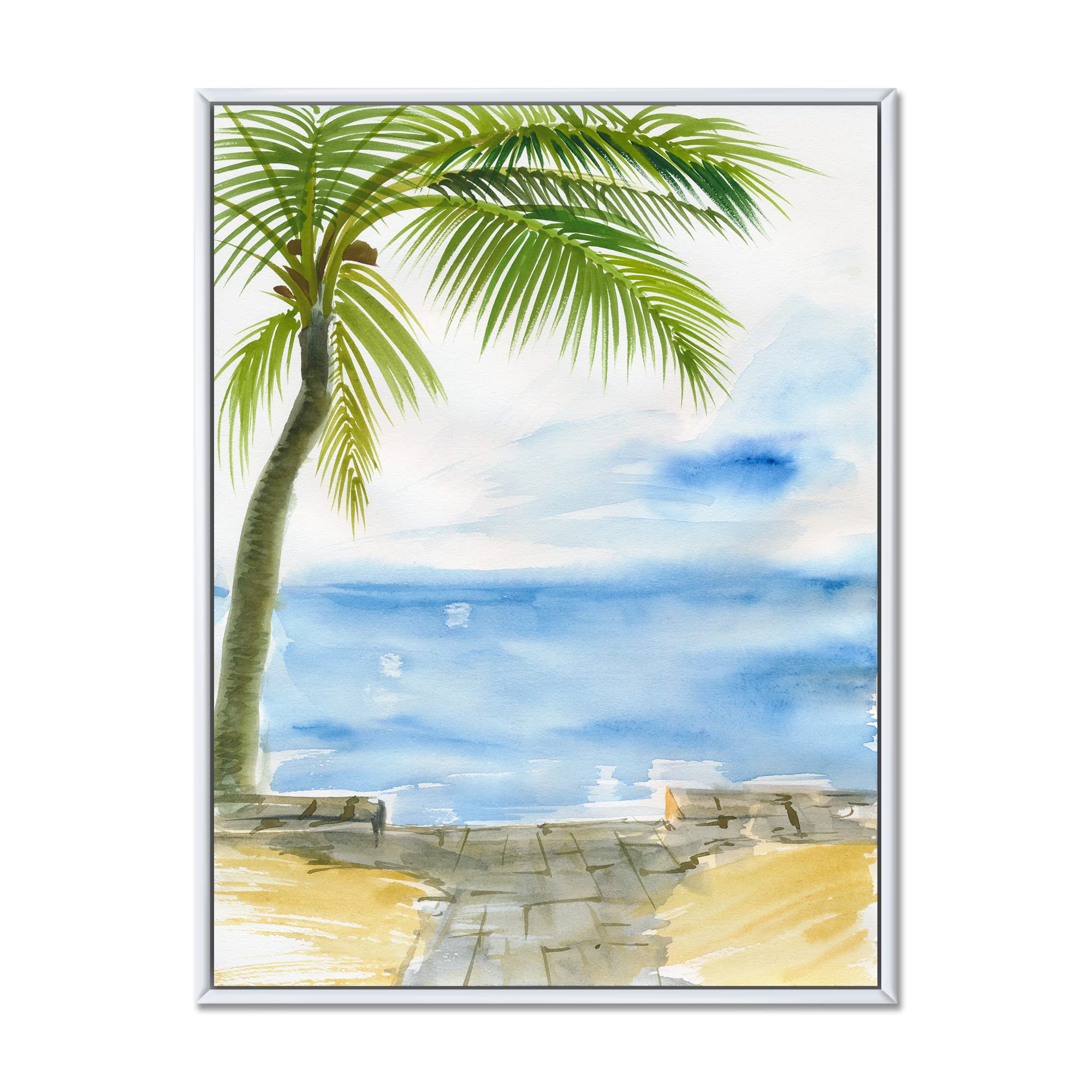 DesignQ Palm Beach Resort At Dawn II - Nautical & Coastal Framed Canvas Wall Art Print - Beach House Decor, Ocean Themed Living Room Wall Decor, Coastal Bedroom Artwork