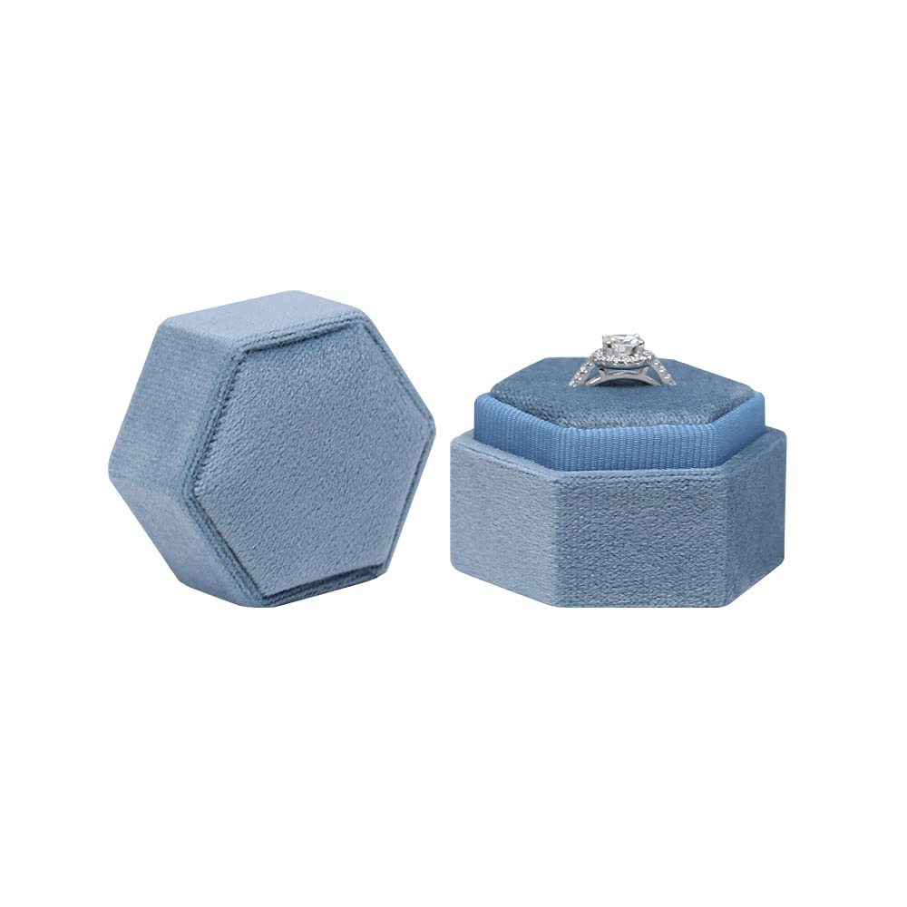 Hexagon Velvet Jewelry Box - Single Slot Ring Box for Engagement, Wedding & Bridal Keepsake - Ocean Blue - Perfect for Proposals, Anniversary Gifts & Photo Shoots