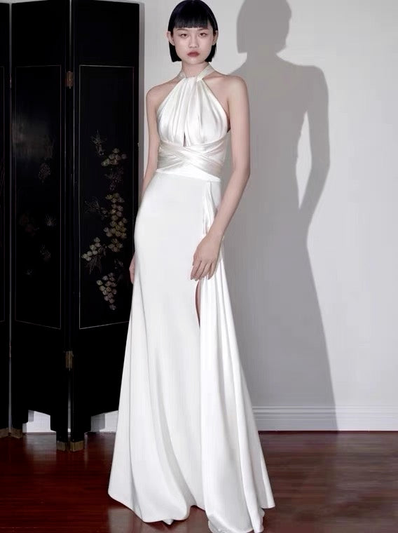 Elegant White Satin Halter A-Line Wedding Dress | Long Evening Prom Gown J3635 | Perfect for Bridal, Formal Events & Special Occasions