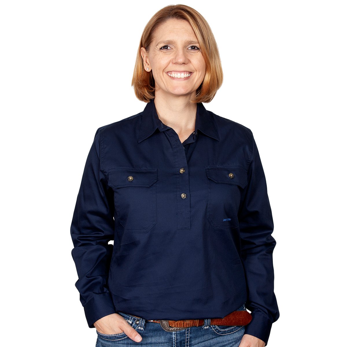 Just Country Women's Jahna Half Button Work Shirt - Navy Blue Flannel Shirt for Women - Perfect for Work, Outdoor Activities & Casual Wear