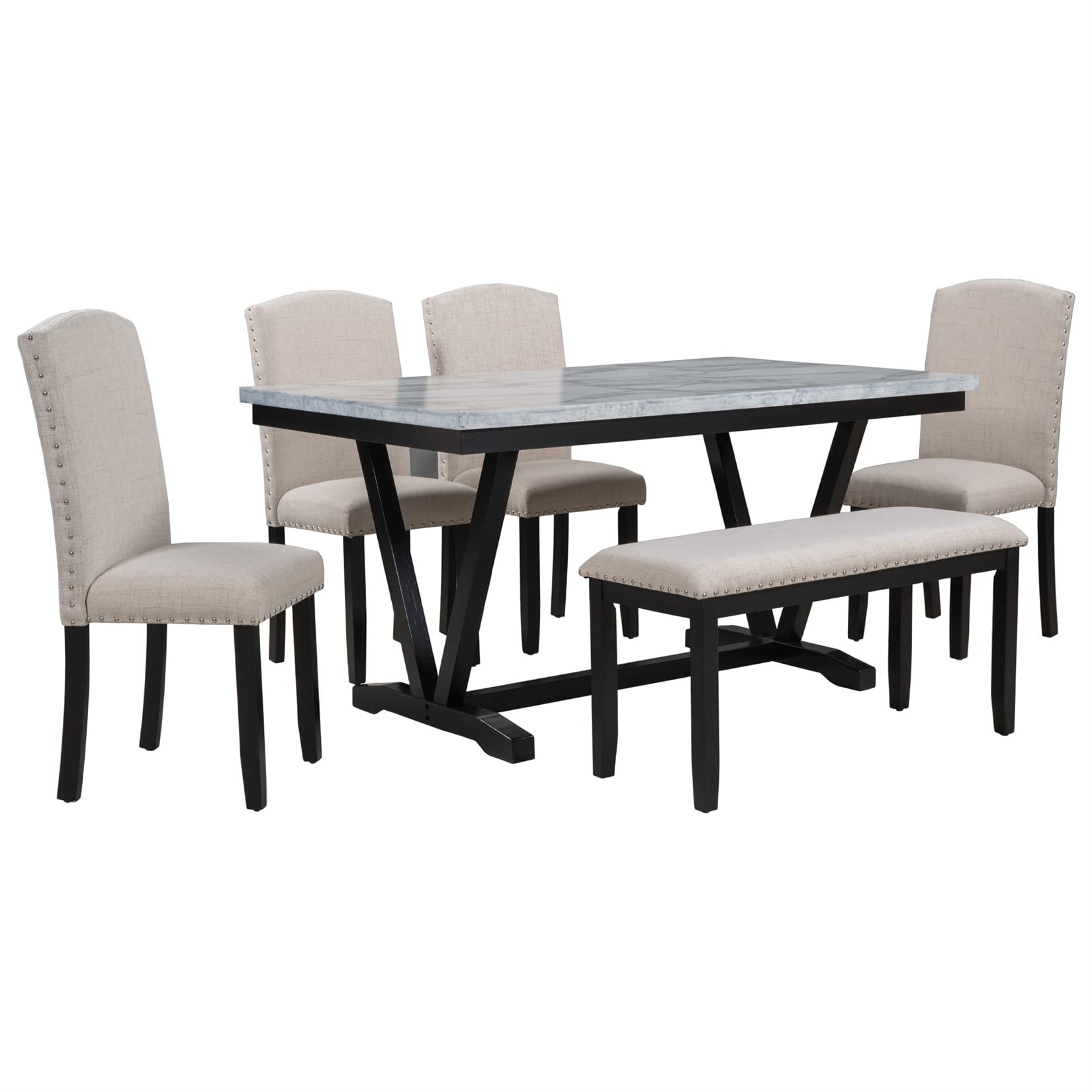 6-Piece Wooden Dining Table Set with Marbled Veneer Tabletop & 4 Upholstered Chairs + Bench - Urban Style Kitchen Dinette for 6 People | Perfect for Small Spaces, Breakfast Nooks & Modern Apartments
