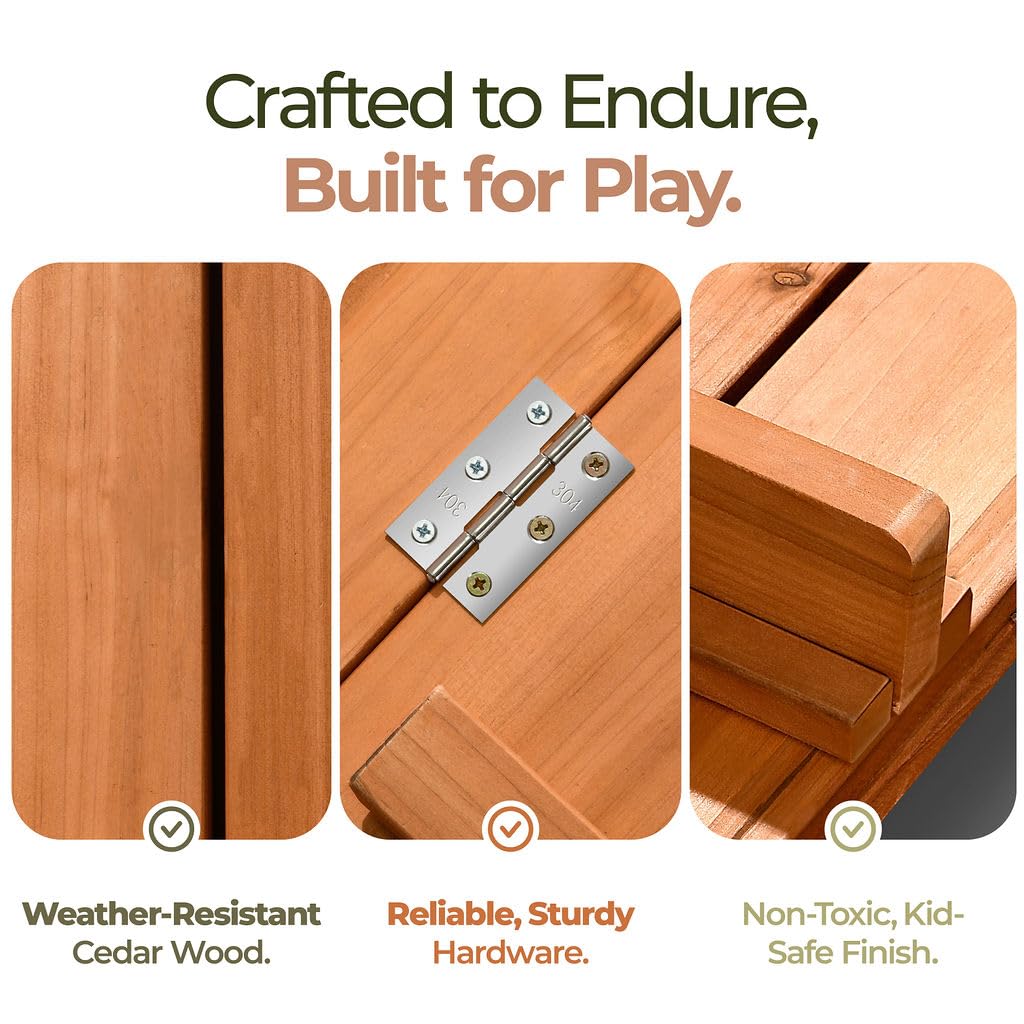 Large Wooden Kids Sandbox with Lid – Outdoor Sand Box with Cover, Foldable Bench Seats & Bottom Liner – Perfect for Backyard, Garden & Playground Sand Play