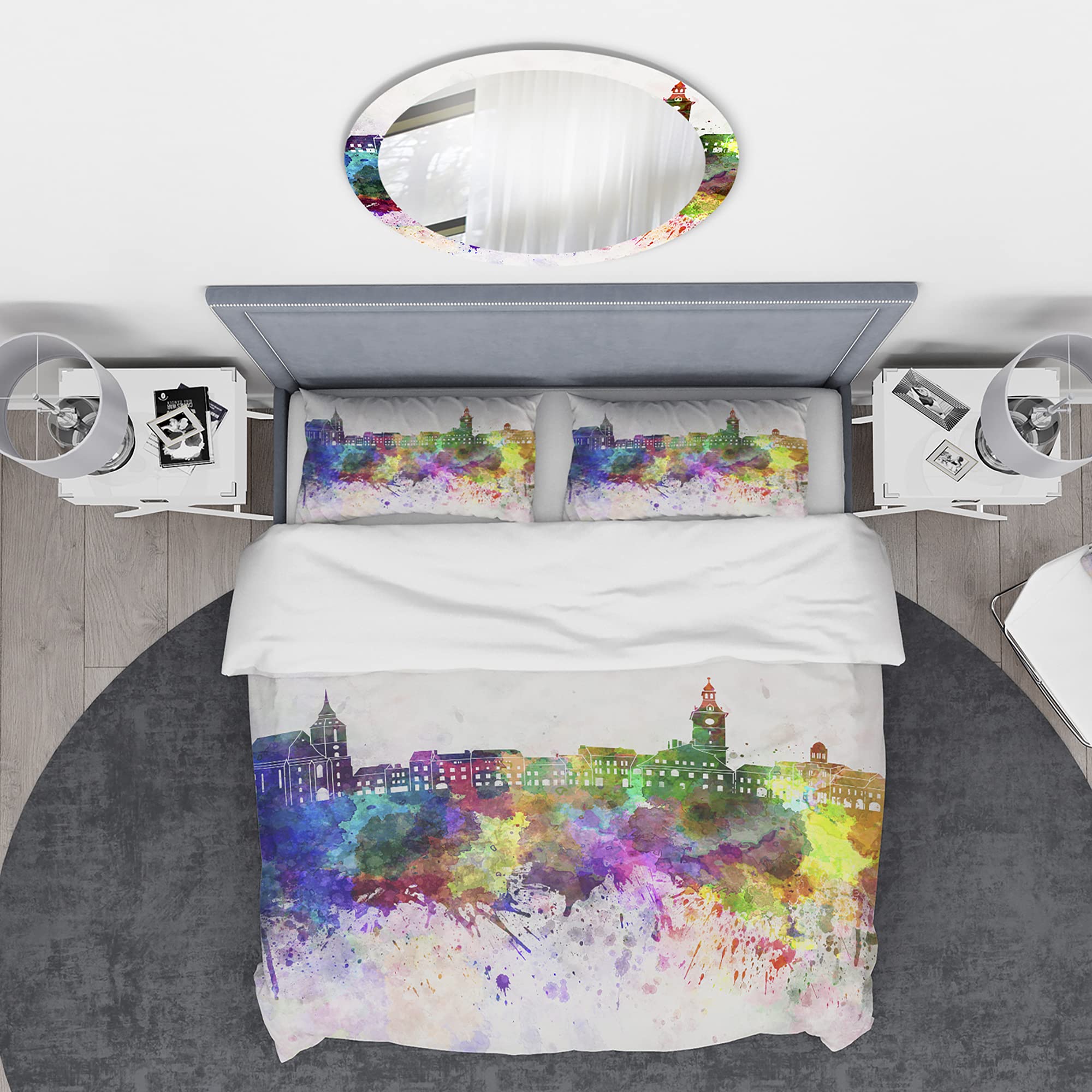 DesignQ Brasov Skyline Industrial Duvet Cover Set - Queen Size Purple Architecture Bedding (3-Piece) | All Season Comfort for Modern Bedrooms & Guest Rooms