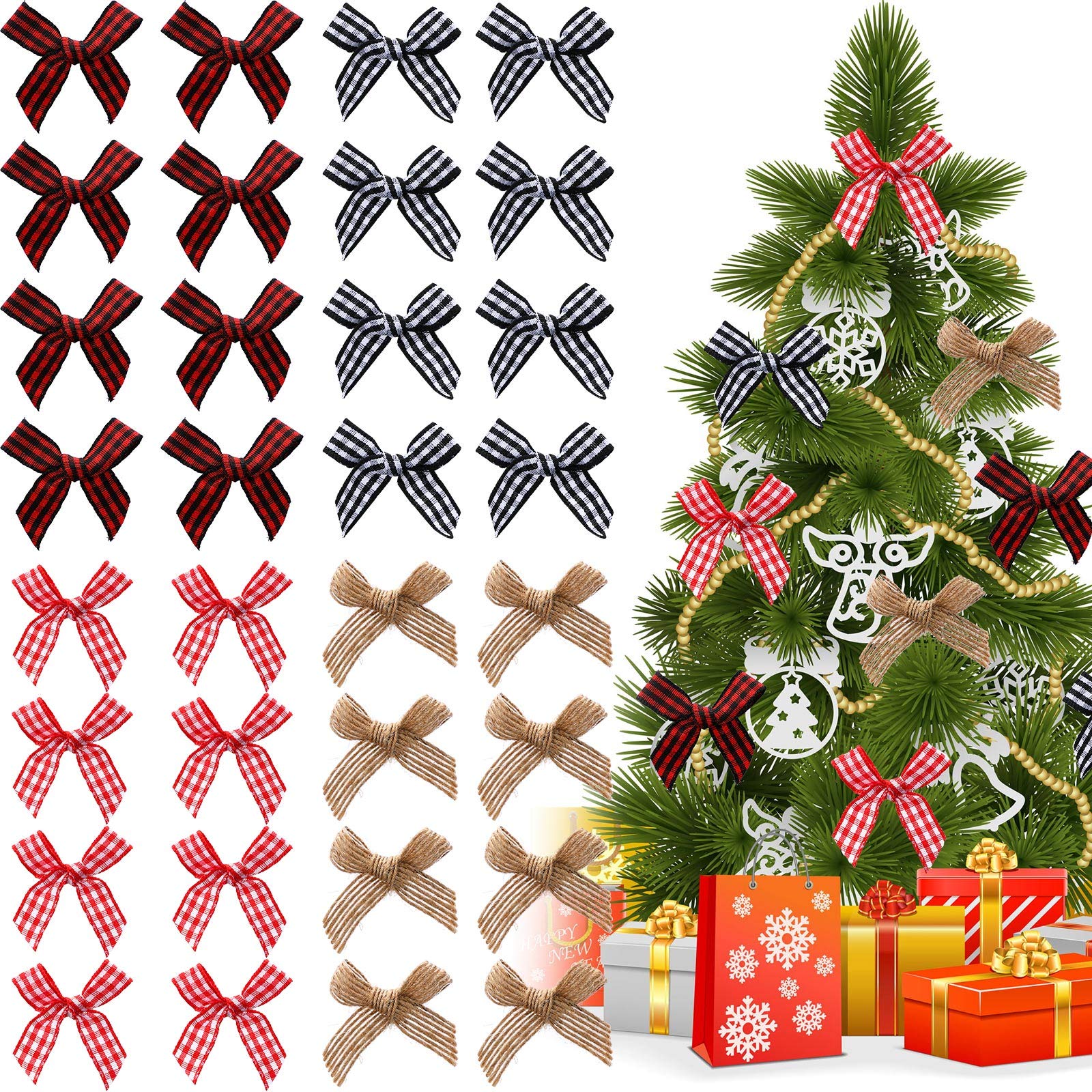 Christmas Mini Bows 80pcs - Buffalo Plaid Bows in Red, White & Black for Tree Decor & Crafts