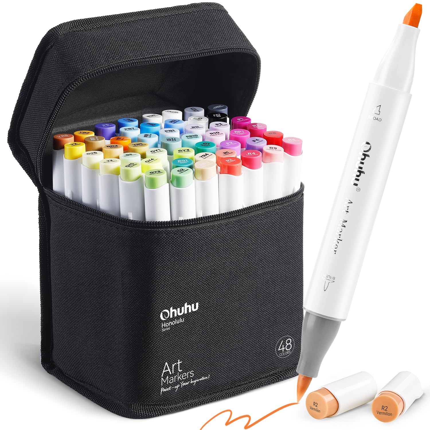 Ohuhu 48 Color Alcohol Markers Set - Dual Tip Brush & Chisel Art Markers for Adult Coloring Books, Sketching, Illustration | Includes Blender Pen | Perfect for Artists, Students & DIY Craft Projects | Vibrant Alcohol-Based Ink Markers for Professional Artwork & Bullet Journaling
