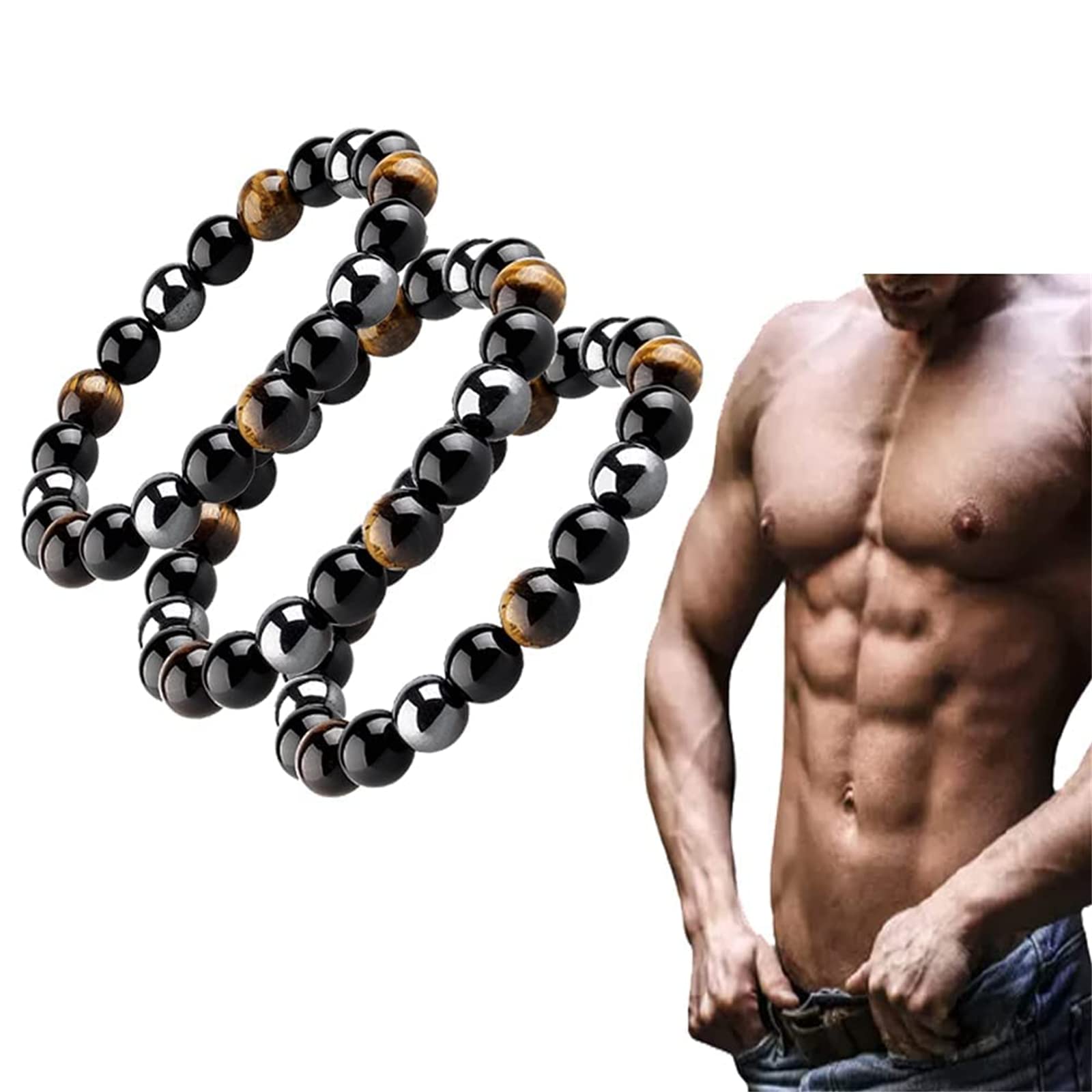 Anti-Swelling Black Obsidian Slimming Anklet & Tiger Eye Triple Bracelet Set - Chakra Energy Protection, Anxiety Relief Jewelry for Men & Women (3 x 19cm) - Perfect for Meditation, Yoga & Spiritual Healing