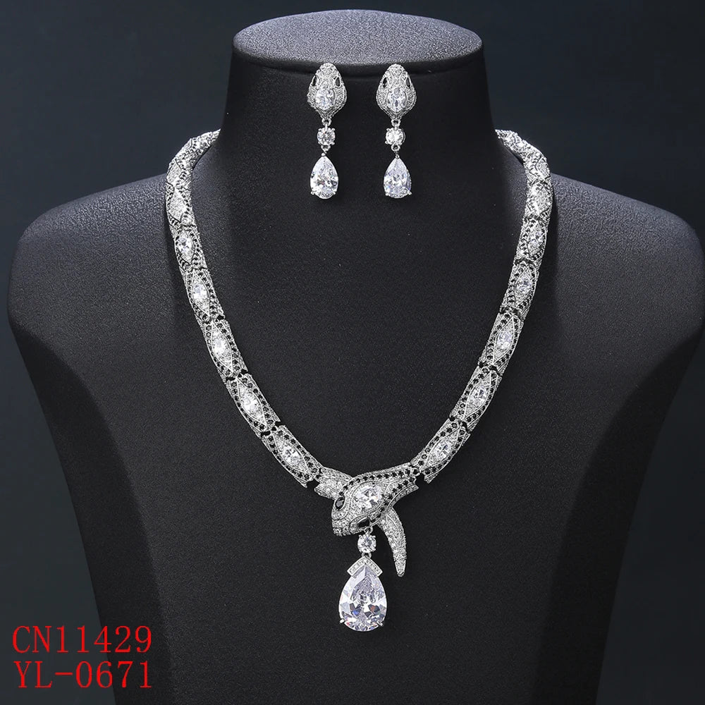 Luxury Cubic Zirconia Snake Necklace & Earrings Set for Women - Elegant Animal Jewelry for Parties, Weddings & Evening Events - Fashion Costume Accessories CN11429