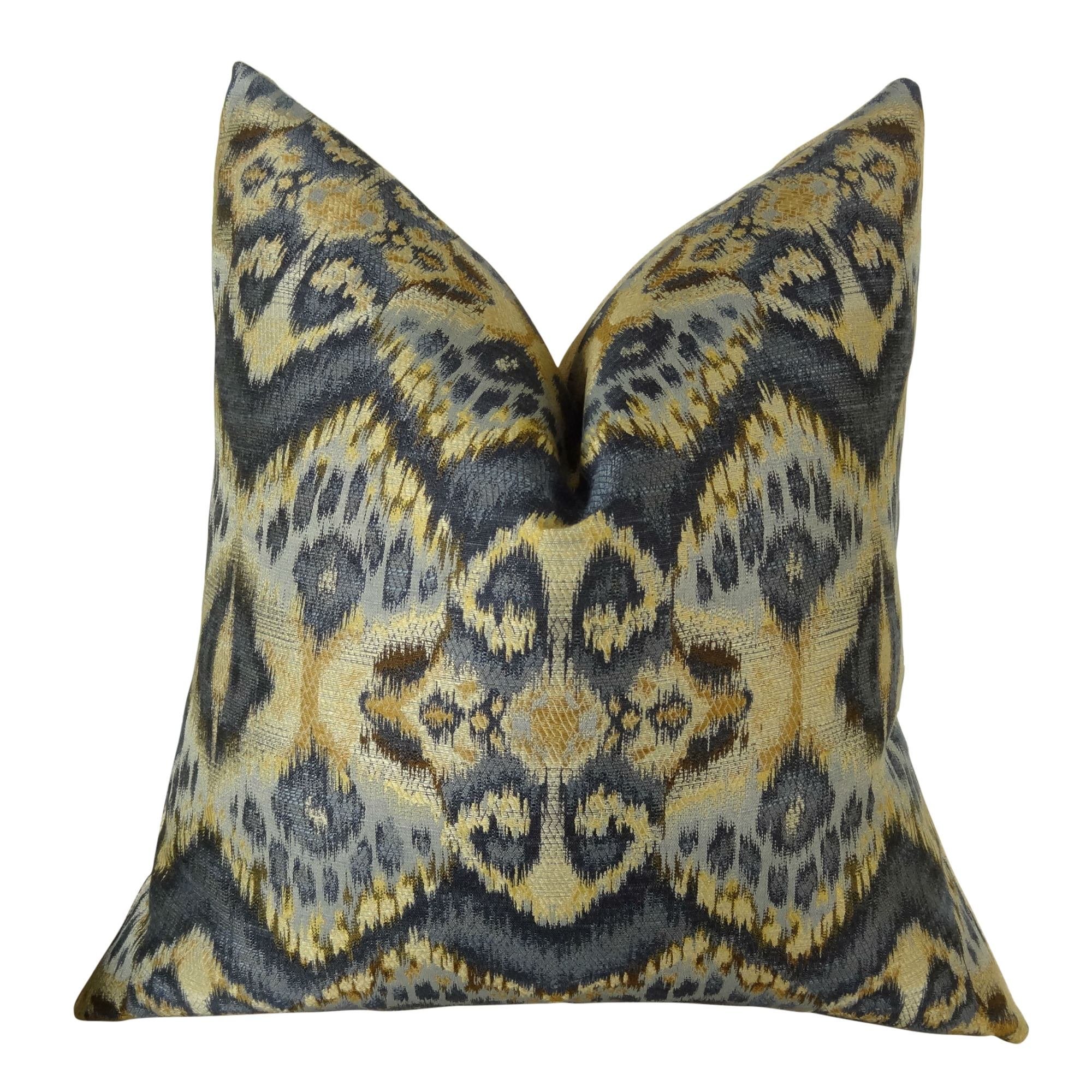 Handmade Designer Zig Zag Ikat Throw Pillow - Navy Blue Tan Indigo Wavy Pattern Accent Pillow - Modern Home Decor - Perfect for Sofa, Bed & Living Room