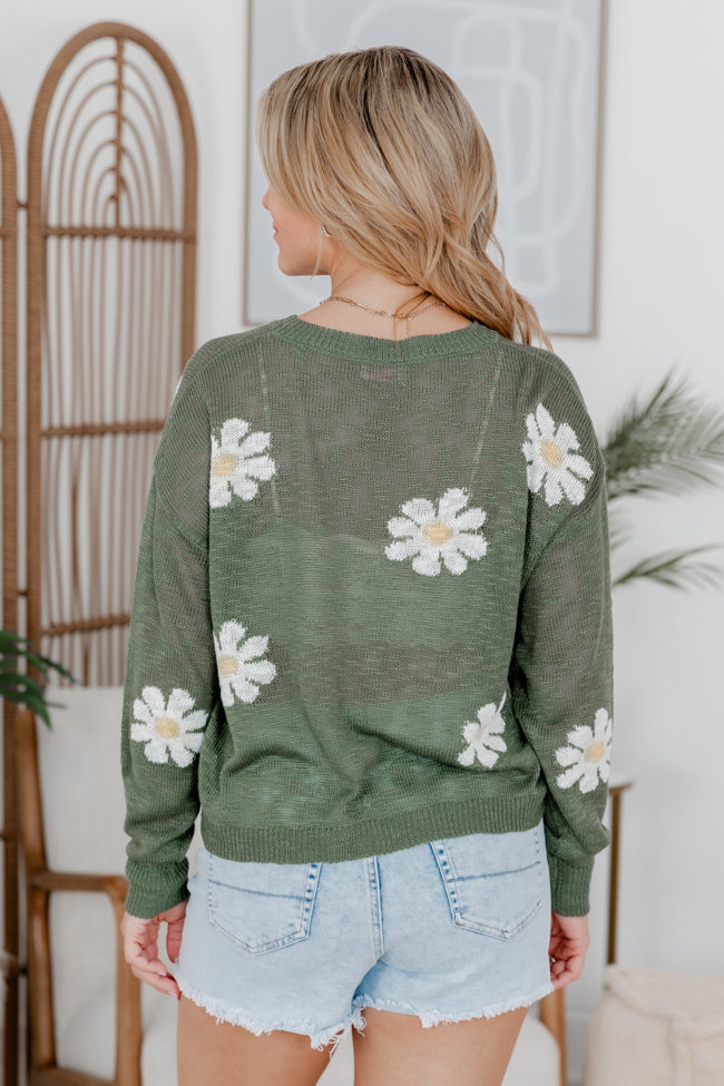 Oops A Daisy Olive Green Daisy Print Sweater - Women's Floral Knit Pullover for Fall & Winter | Cozy Casual Wear for Outings & Layering