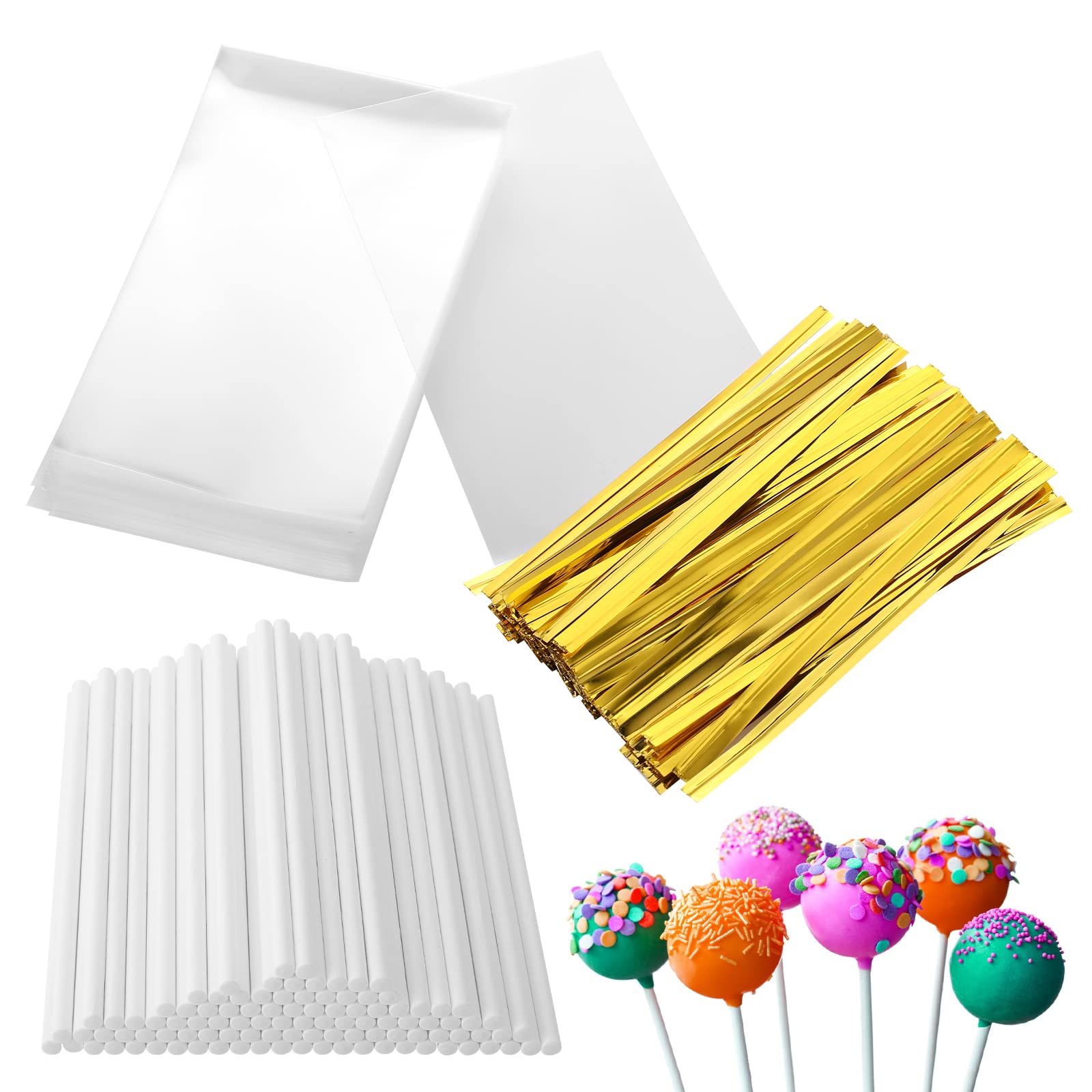 300Pcs Cake Pop Sticks and Bags Kit - 100Pcs Lollipop Sticks, 100Pcs Cake Pop Bags, 100Pcs Gold Twist Ties for DIY Candy, Chocolate, Cookie Wrappers - Perfect for Birthday Parties, Baby Showers & Holiday Treats