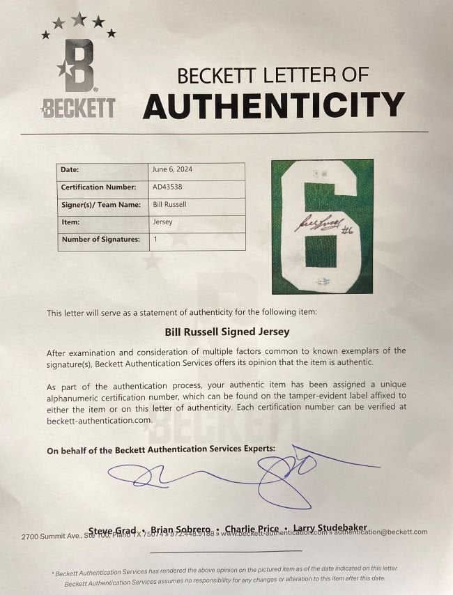 Authentic Bill Russell Boston Celtics Signed Green Basketball Jersey with LOA - Perfect for Sports Memorabilia Collectors and Celtics Fans Display