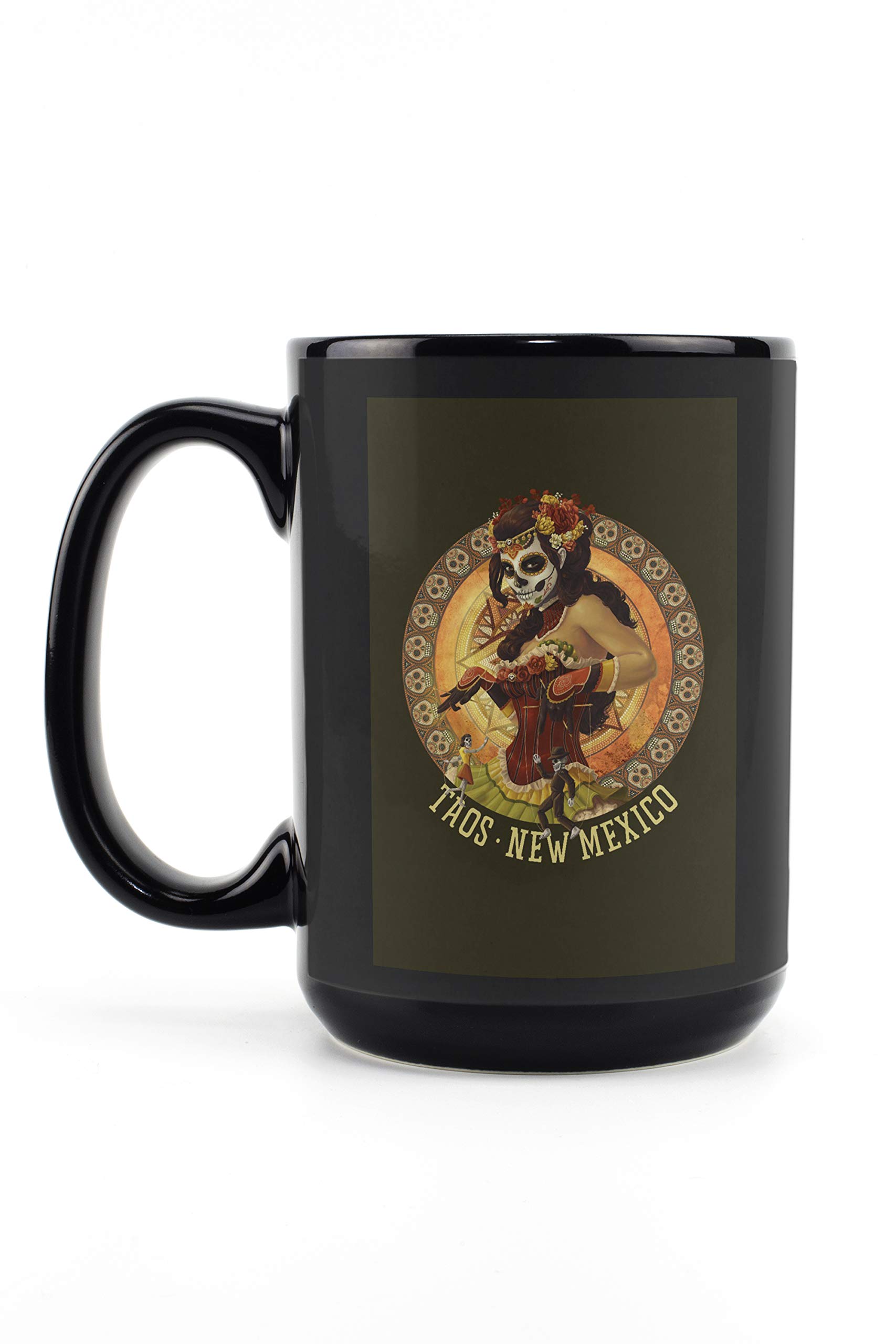 Taos New Mexico Day of the Dead Marionettes Contour 15oz Black Ceramic Coffee Mug - Microwave & Dishwasher Safe - Perfect for Home, Office & Gift Giving