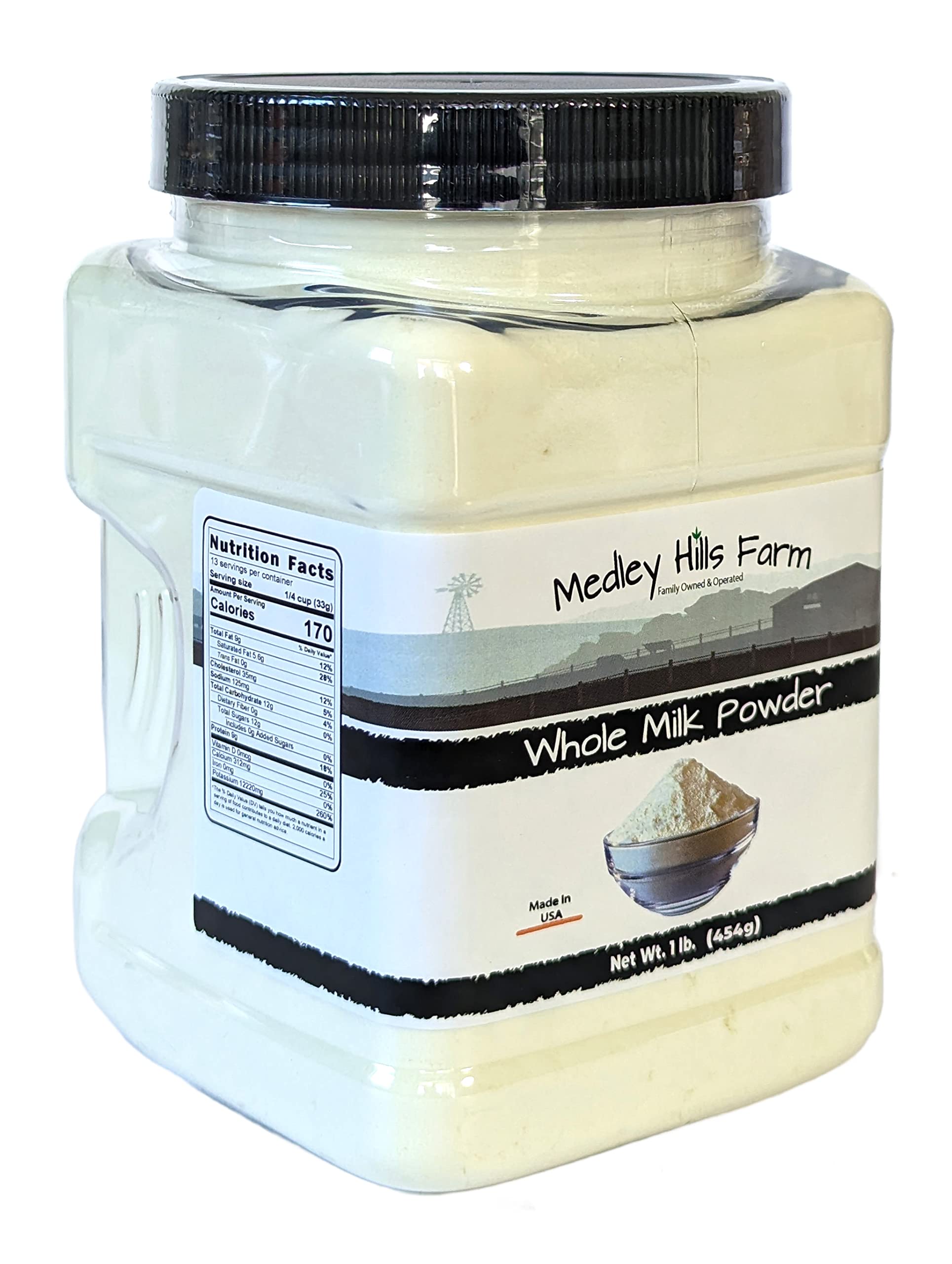 Medley Hills Farm Whole Milk Powder 1 lb - USA Made Dry Milk Powder for Baking, Cooking & Coffee - Reusable Container - Perfect for Recipes, Camping & Emergency Food Storage