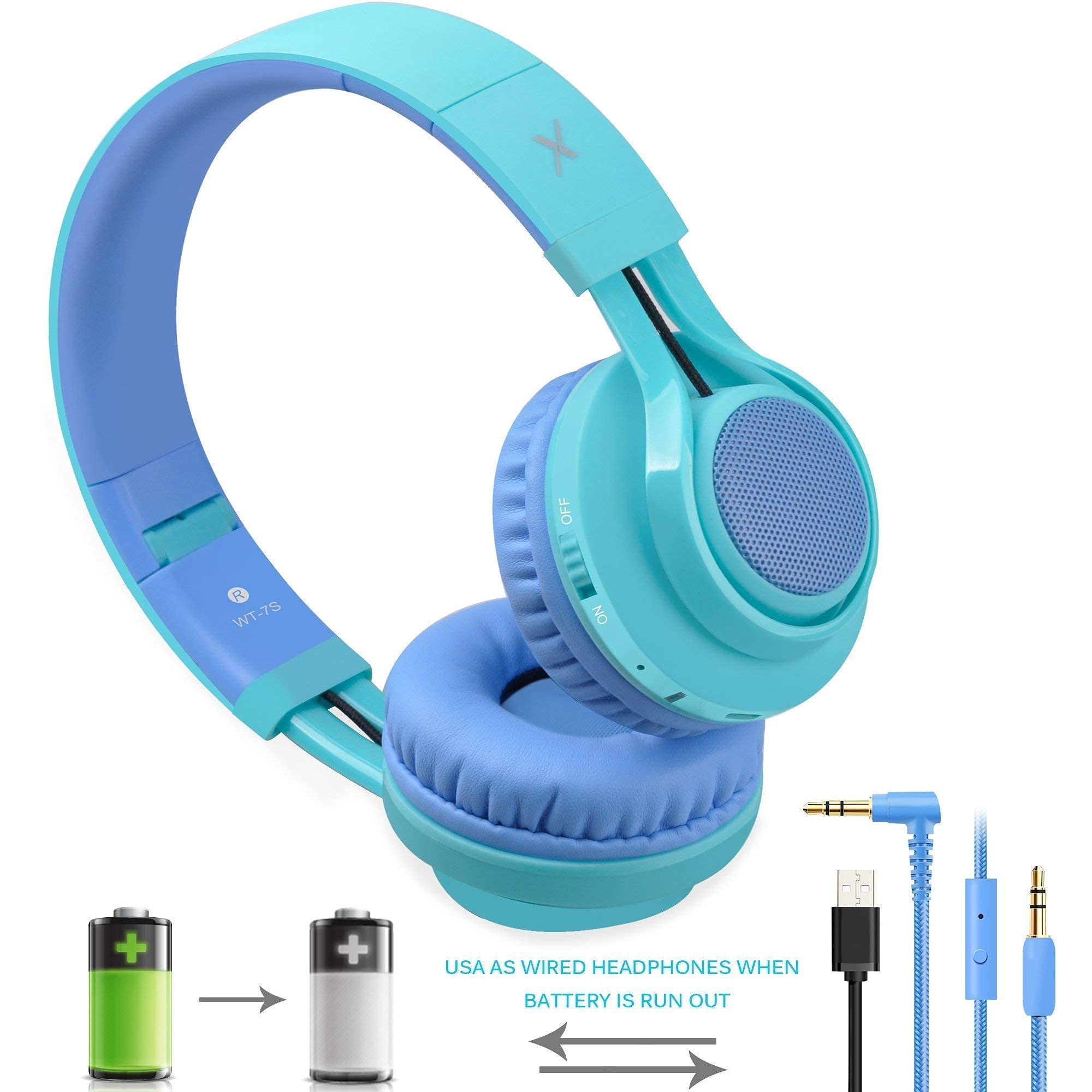 Riwbox WT-7S Wireless Kids Headphones 2 Pack - Foldable Stereo Bluetooth Headset with Built-in Mic & Volume Control for Children - Compatible with PC, Laptop, Tablet, iPad (Purple & Blue) - Perfect for Online Learning, Travel & Entertainment