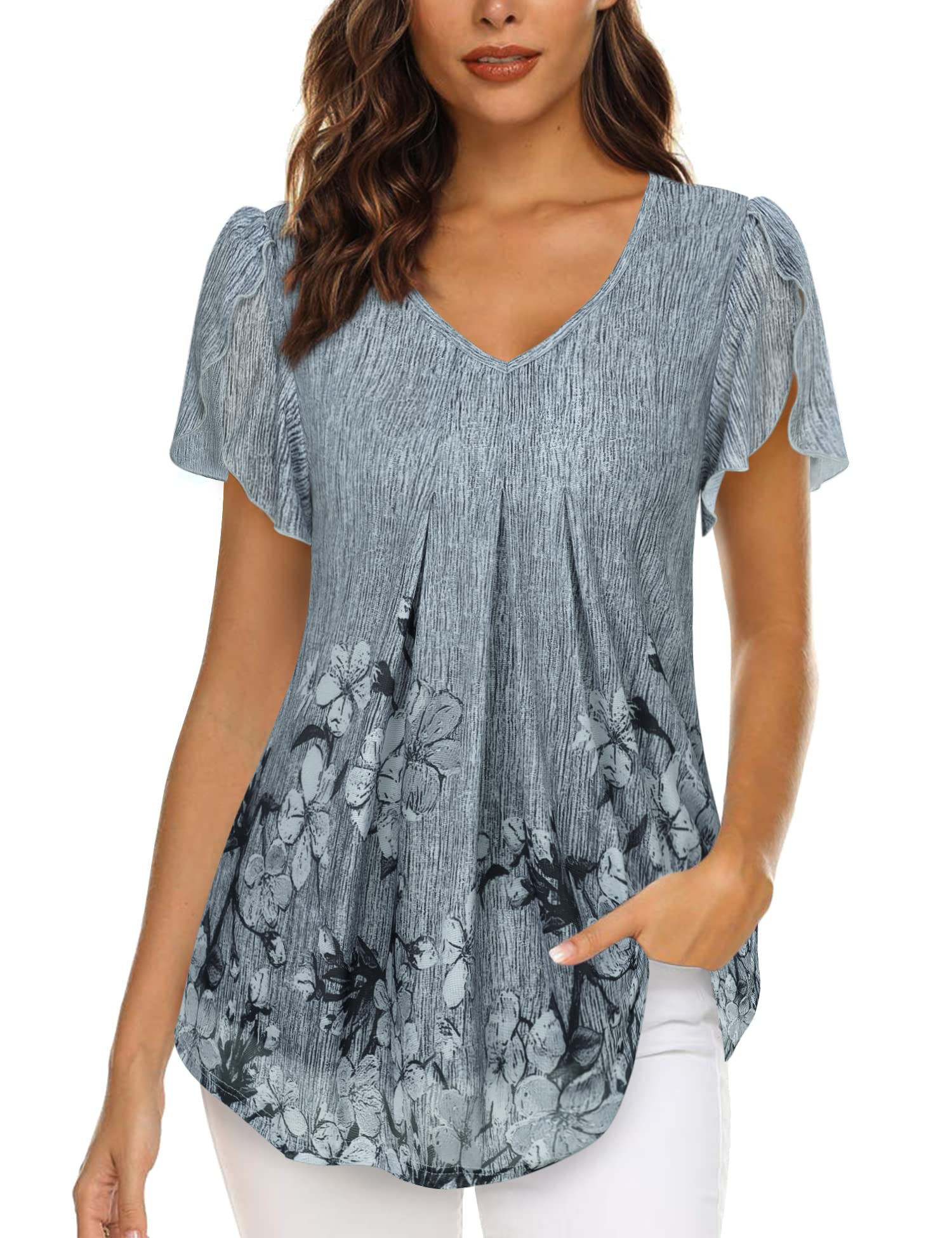 VALOLIA Women's Casual Short Sleeve V-Neck Blouse with Double Layer Mesh Design - Perfect for Summer Outfits, Office Wear & Date Nights