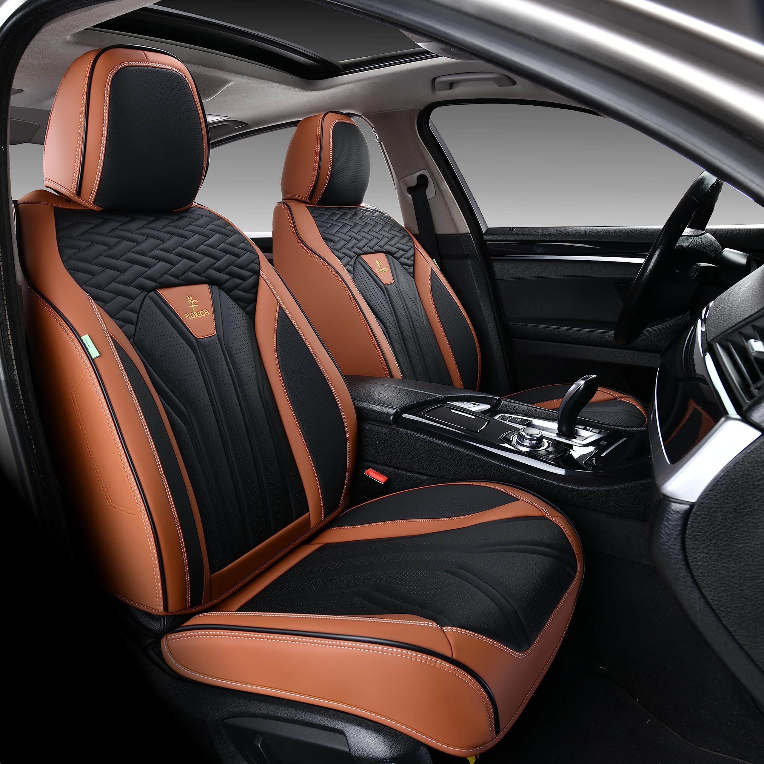 Premium FLORICH Leather Car Seat Covers Full Set (5 Seats) - Universal Fit for Most Cars & Trucks - Brown & Black - Luxury Protection & Comfort for Daily Commute, Road Trips & Family Travel