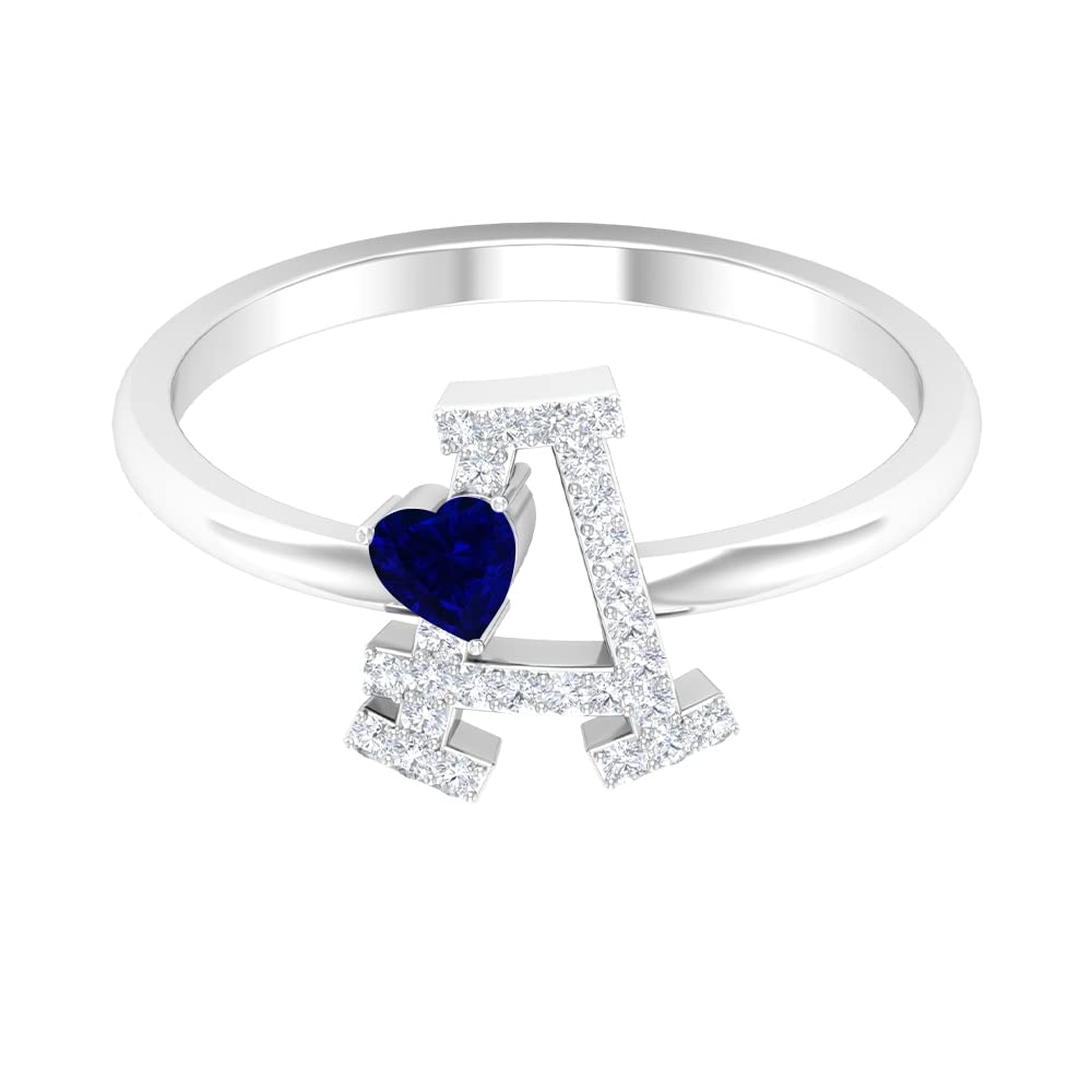 Blue Sapphire & Diamond Rings | A-Z Initial Diamond Rings for Women | 14K White Gold Alphabet Rings | Elegant Heart Initial Rings | Perfect for Engagements, Anniversaries & Gifts