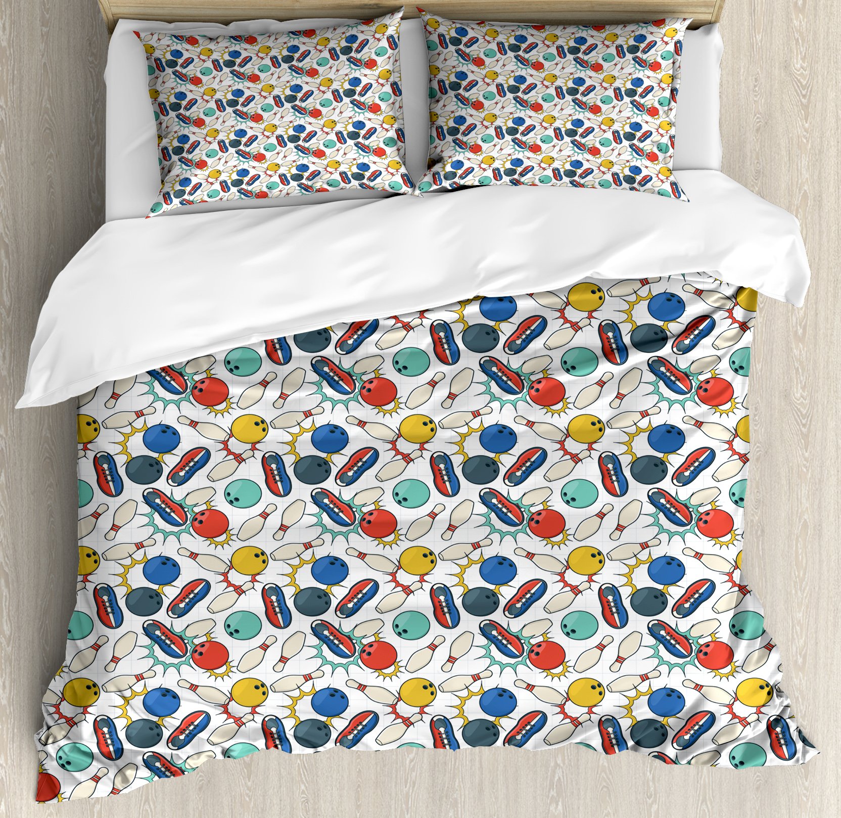 Retro Bowling Duvet Cover Set - Colorful Doodle Design with Notebook Sheet Backdrop, Ball Pins & Shoes - 3 Piece Queen Size Bedding Set with 2 Pillow Shams (Dark Blue Multicolor) - Perfect for Bowling Enthusiasts' Bedroom Decor & Themed Guest Rooms
