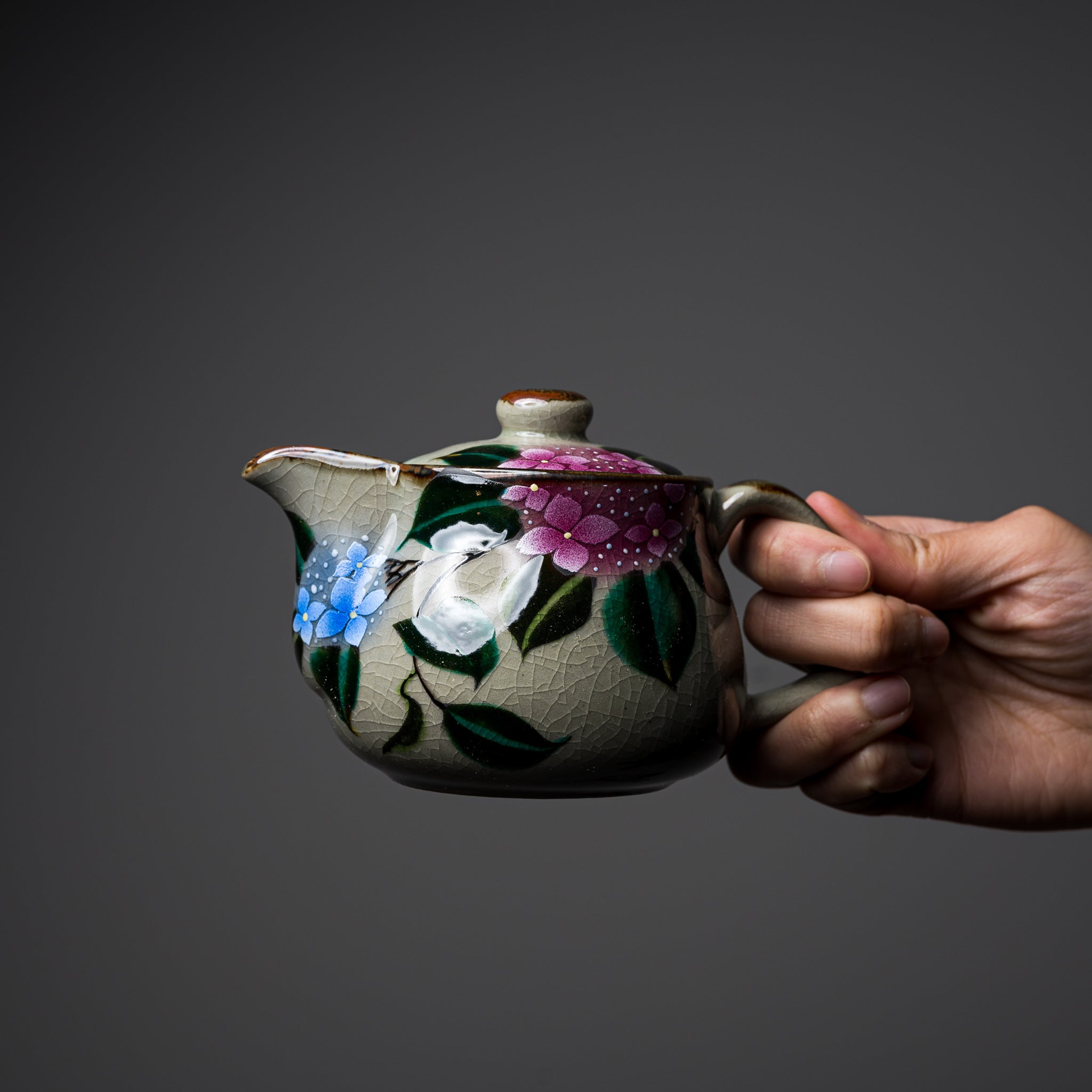 Premium Japanese Kutani Ware Teapot - Hydrangea Floral Design, Authentic Handcrafted Ceramic Tea Pot for Loose Leaf Tea | Perfect for Japanese Tea Ceremony, Home Decor & Gift Giving