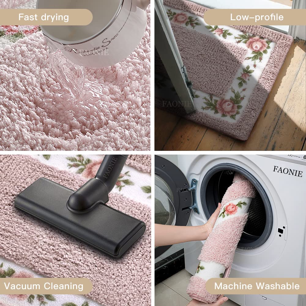 Soft Non-Slip Floral Shaggy Area Rug - Romantic Rose Design for Living Room, Bedroom & Bathroom | Premium Doormat & Bath Mat (Large, Pink) | Perfect for Cozy Home Decor & Shower Safety