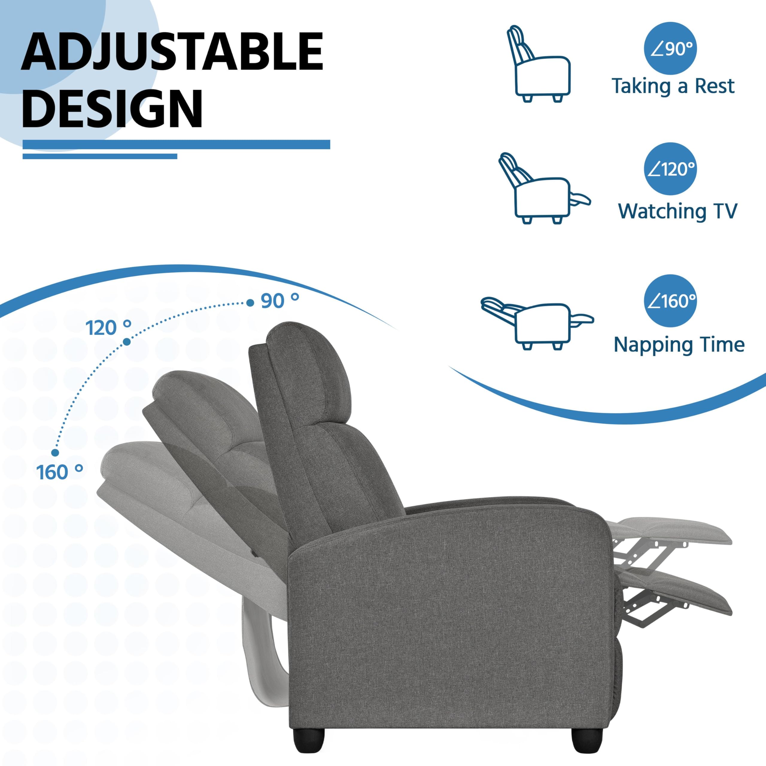 Yaheetech Fabric Recliner Chair - Ergonomic Adjustable Single Sofa with Thick Seat Cushion, Modern Home Theater & Living Room Seating in Matte Grey - Perfect for Relaxing, Movie Nights & Small Spaces