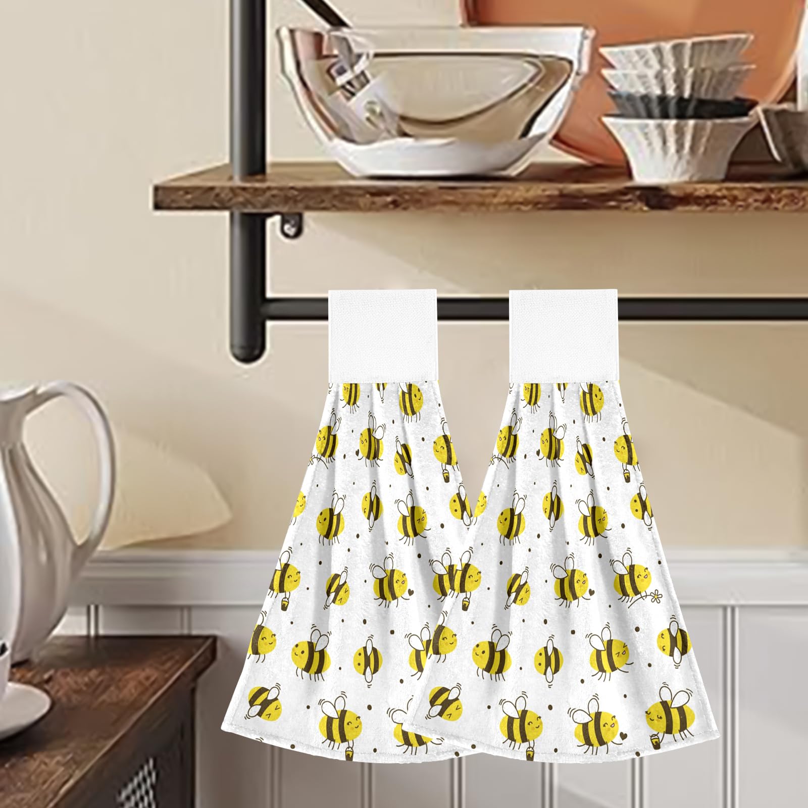 2 Pack Vintage Printed Hanging Kitchen Towels - 14x18 Inch Microfiber Loop Hand Towels for Bathroom & Kitchen | Decorative Drying Towels for Dishes, Countertops & Home Decor