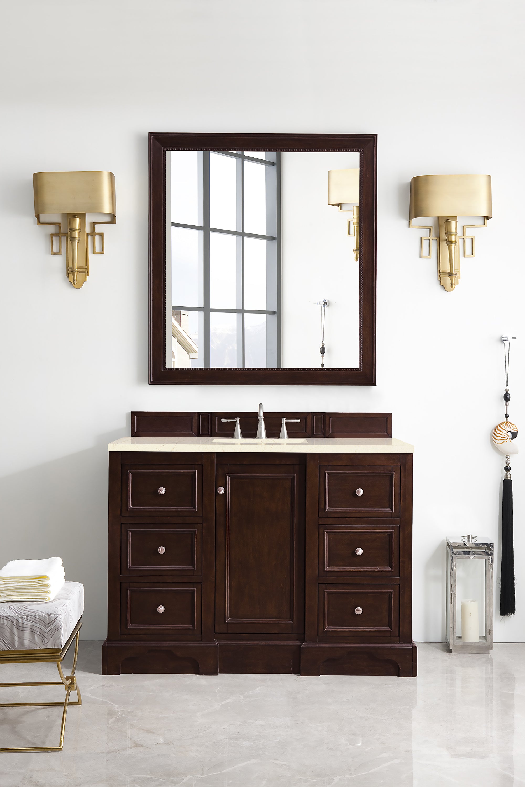 De Soto 48 Inch Single Bathroom Vanity with Burnished Mahogany Base & 3CM Eternal Marfil Quartz Countertop - Perfect for Modern Master Bath or Powder Room Renovation