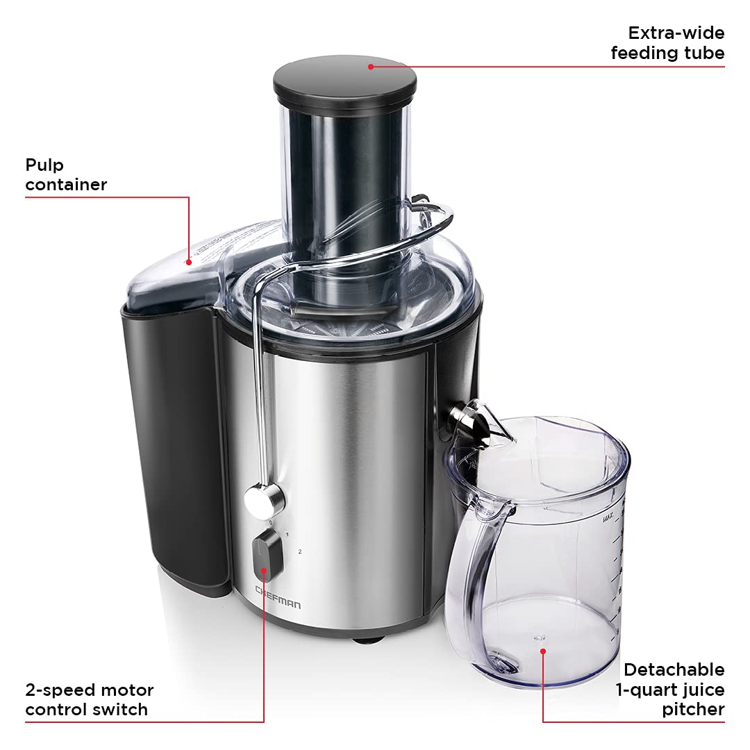 Chefman 2-Speed Electric Juicer with Extra-Wide Feeding Tube for Whole Fruits - Make Healthy Vegetable & Green Juice - Includes 1-Quart Pitcher & Foam Separator - Dishwasher Safe - Perfect for Smoothies, Detox Drinks & Healthy Breakfasts