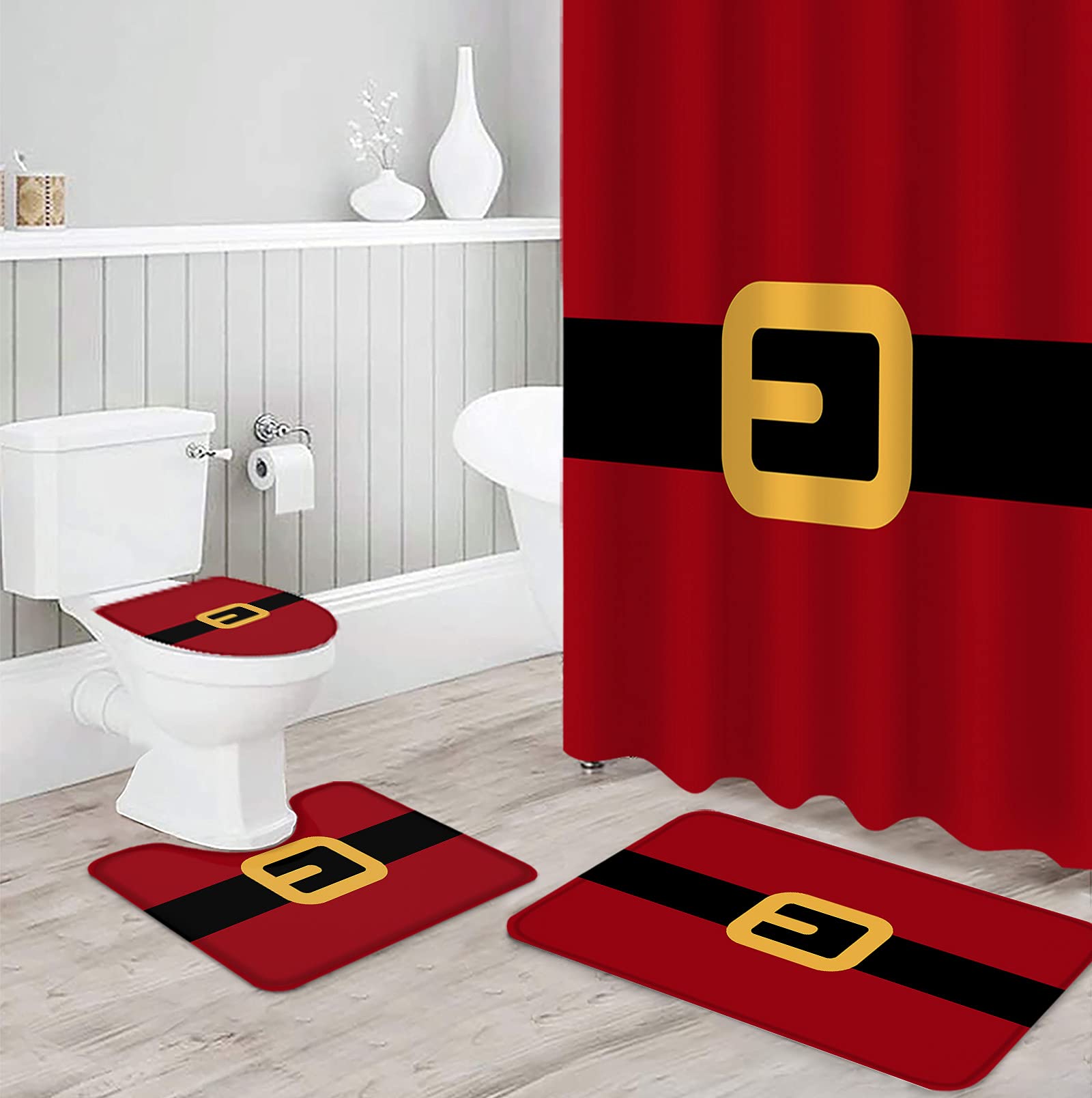 4PCS Non-Slip Bathroom Mat Set - Yellow & Black Santa Belt Christmas Decor with Shower Curtain & Toilet Cover | Holiday Bath Mats for Festive Home Decor, Perfect for Christmas Bathroom Safety and Cozy Winter Atmosphere