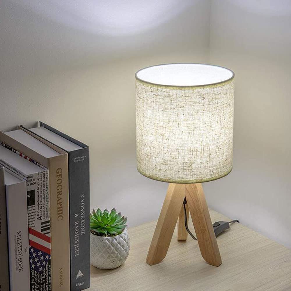 American Style Wooden Tripod Bedside Table Lamp with Gray Fabric Linen Shade - Plug-in Button Switch, 13.4 Inch Height - Perfect for Bedroom, Living Room, Office & Home Decor | Nightstand Lighting, Reading Lamp, Cozy Ambience