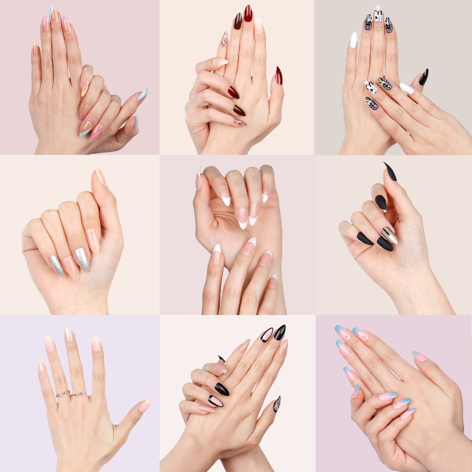 E&A Press On Nails - Blue Pink Gradient Rhinestone Acrylic Fake Nails | UV Finish Short Pointed Almond Shape, Reusable Pastel False Nails, 28PCS Manicure Kit for Parties, Weddings, and Daily Wear