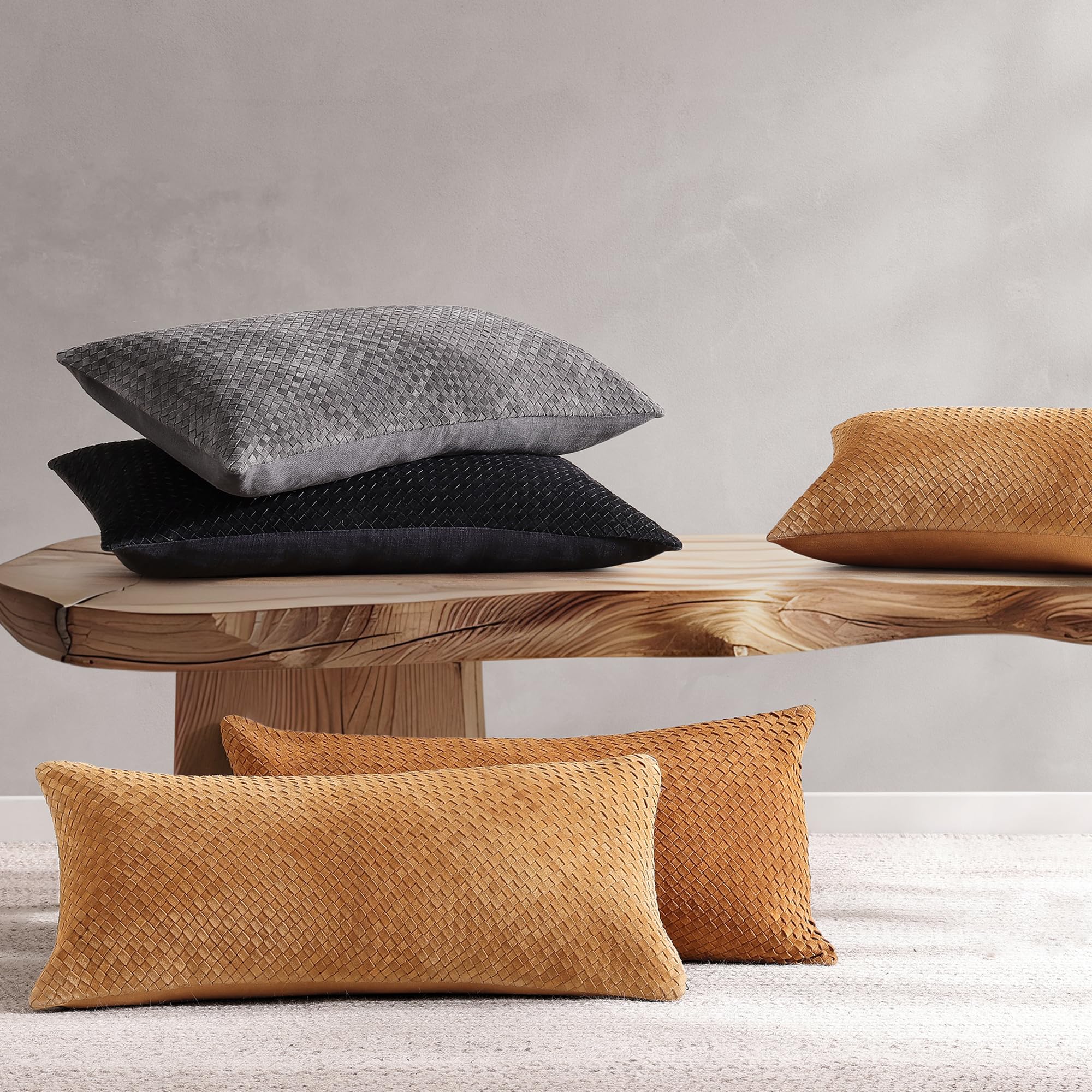 HiEnd Accents Woven Suede Leather Lumbar Pillow - Solid Gray Western Rustic Throw Pillow 14x30 Inch for Couch, Sofa & Bedroom Decor | Cowboy Home Accent Pillow for Living Room, Ranch House and Cabin