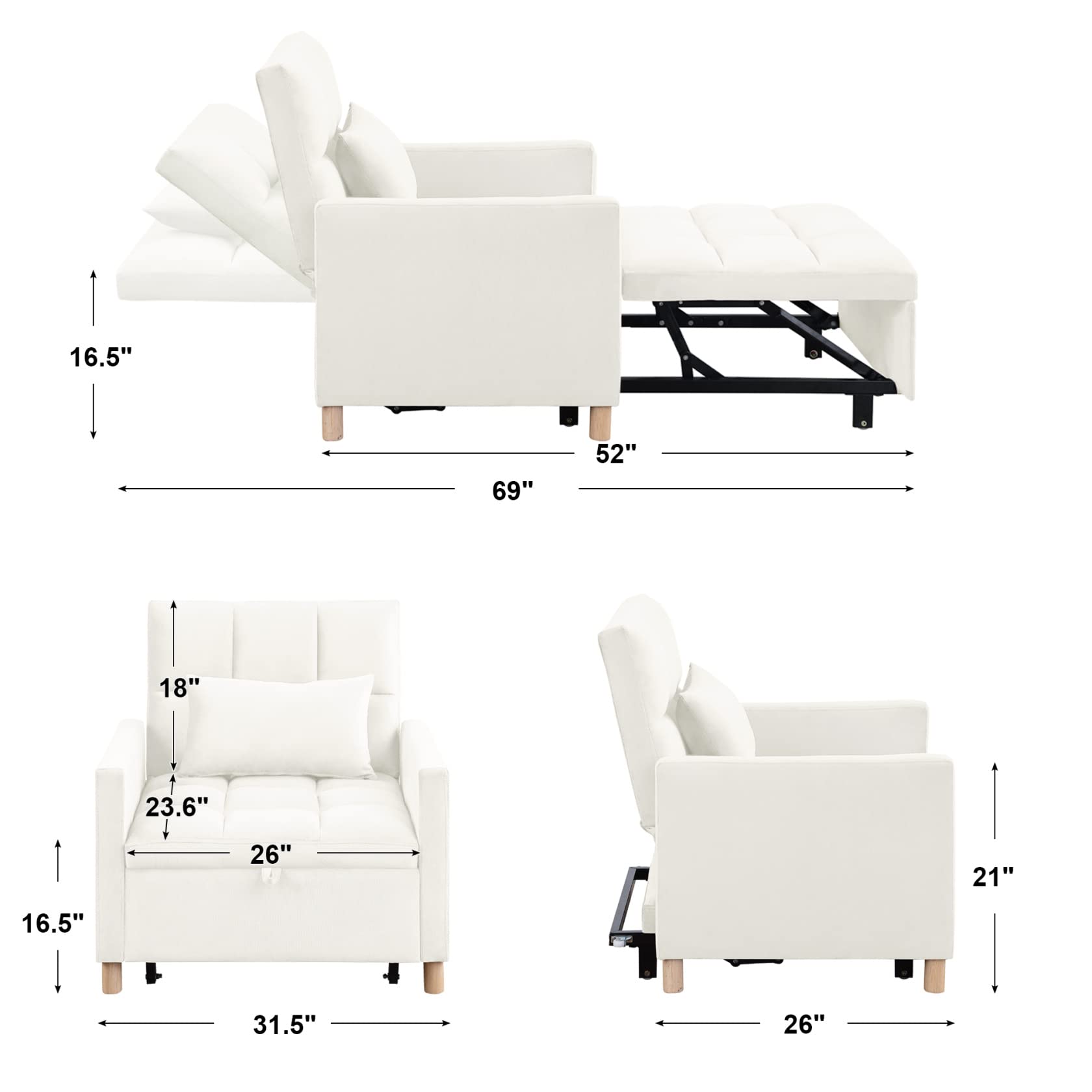 3-in-1 Convertible Sleeper Sofa Chair Bed - Adjustable Velvet Lounge Chair with Pillow for Living Room, Dorm, Apartment, Bedroom & Office | Multi-Functional Space-Saving Furniture for Small Spaces, Guest Sleeping & Relaxation | Beige