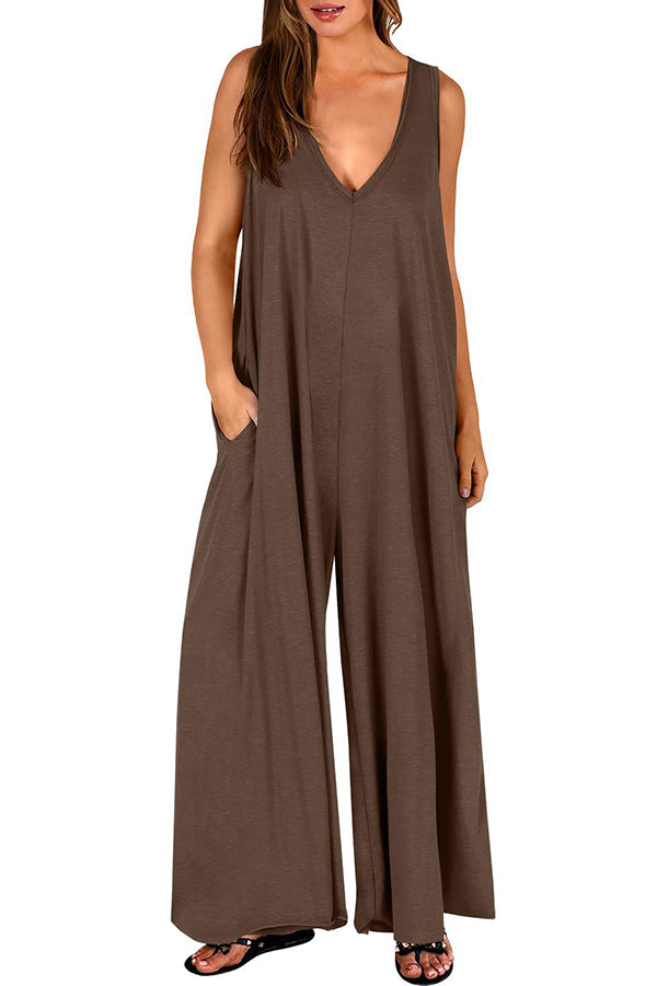 Solid Color V-Neck Sleeveless Loose Pocket Wide Leg Jumpsuit for Women - Casual Summer Outfit, Beach Cover Up, Vacation Wear