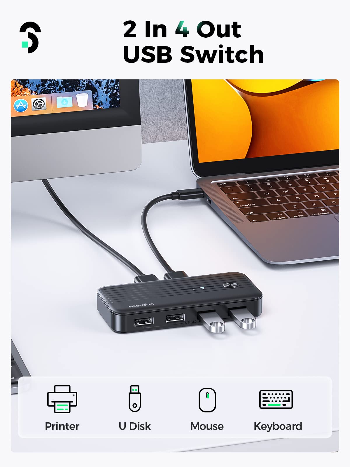 SOOMFON 4-Port USB 3.0 Switch Selector - High Speed 5Gbps USB Hub for 2 Computers, Share Mouse, Keyboard, Printer & Scanner with 2 USB Cables | Perfect for Home Office, Gaming Setup & Multi-Device Workstations