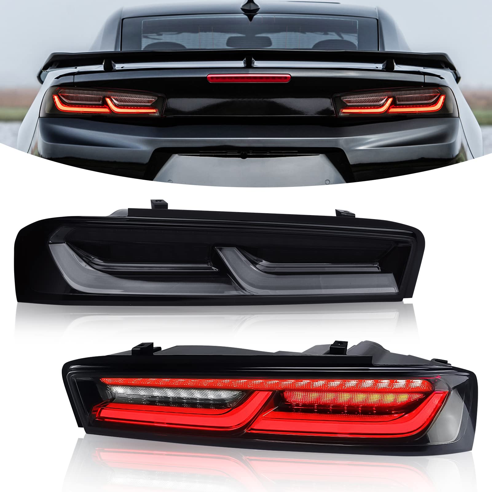 Smoke Lens LED Tail Lights Assembly Pair for Chevrolet Camaro 2016-2018 - Rear Brake/Running/Reverse/Turn Signal Lights - Upgrade Your Camaro's Style & Night Visibility