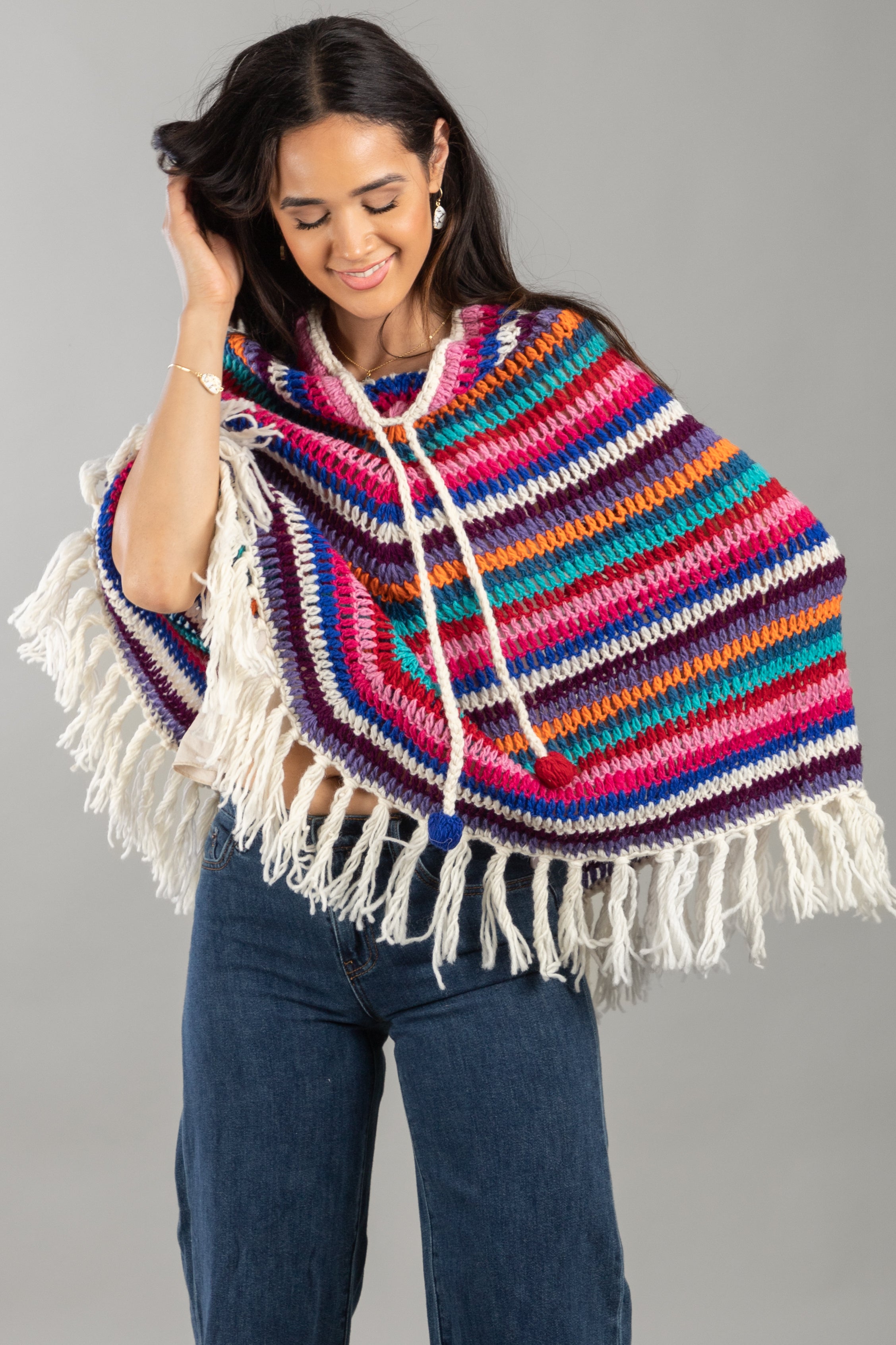 Stylish Open Weave Crochet Rainbow Poncho - Lightweight Boho Cover Up for Women - Perfect for Beach, Music Festivals & Summer Outfits