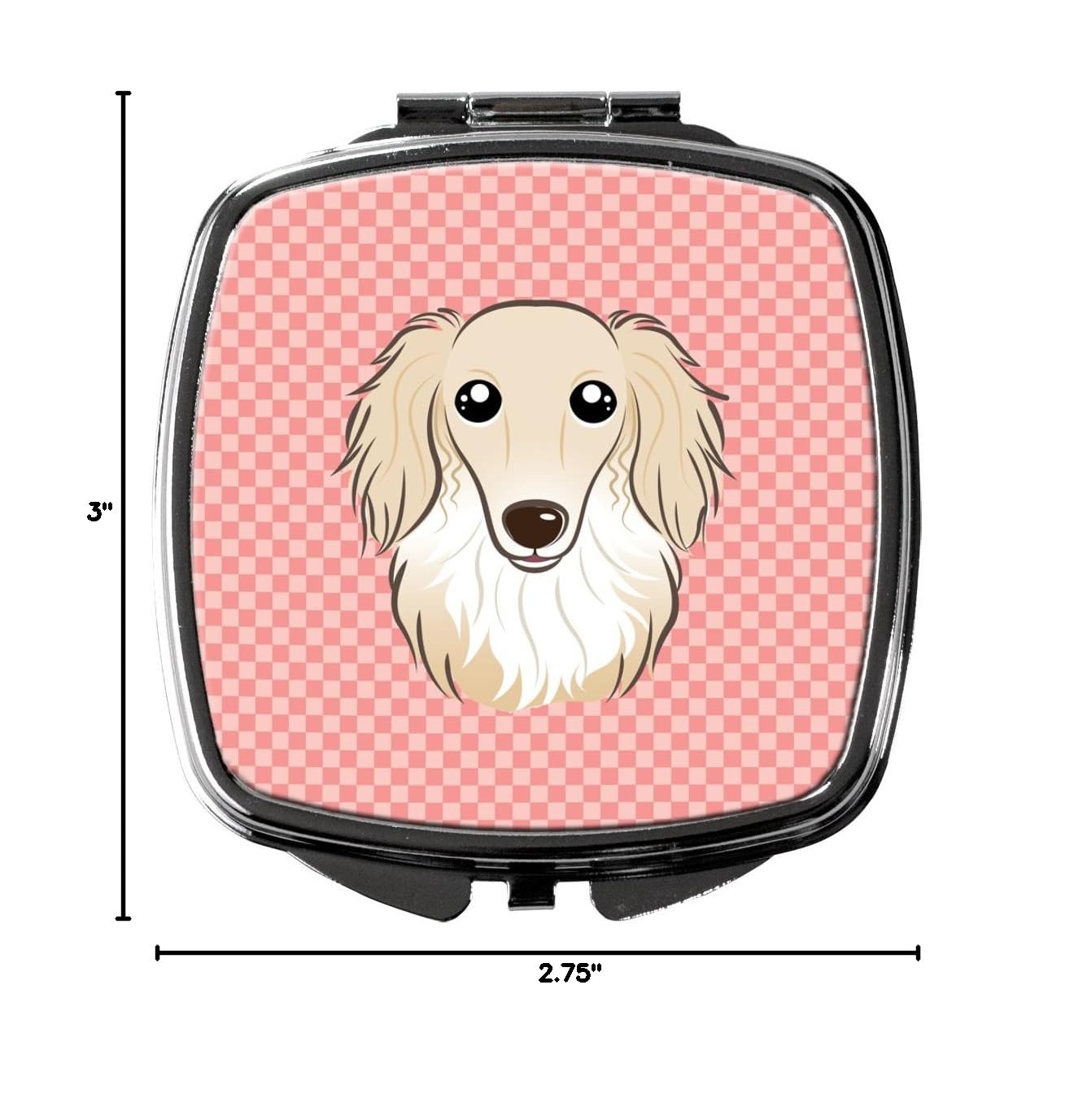 Caroline's Treasures BB1212SCM Pink Checkerboard Longhair Creme Dachshund Compact Mirror - Travel Makeup Mirror for Women & Girls, Handheld Folding Pocket Mirror, Perfect Gift for Makeup Touch-Ups On The Go