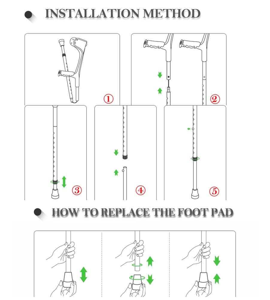 Foldable Forearm Crutches for Adults - Adjustable Aluminum Crutches (150-196cm Height Range) - Black - Ideal for Injury Recovery, Mobility Assistance & Daily Use
