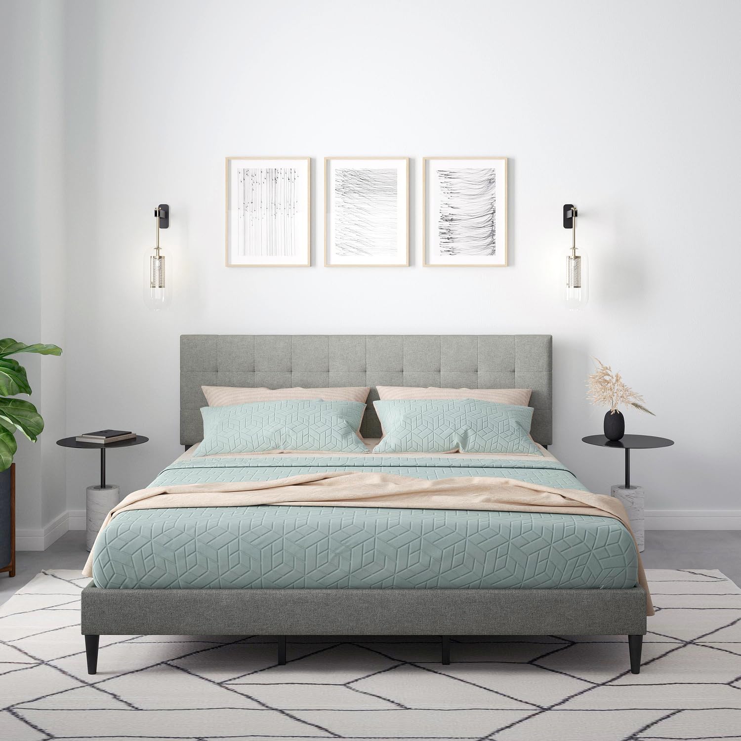Glenwillow Home Kaya Upholstered King Size Platform Bed Frame with Wood Slat Support - No Box Spring Needed, Easy Assembly, Buttonless Tufted Design in Stone Color - Perfect for Modern Bedrooms, Guest Rooms & Master Suites
