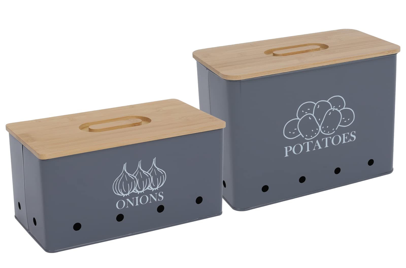 Potato and Onion Storage Containers with Bamboo Lid - Set of 2 Airtight Food Storage Bins with Ventilation Holes for Kitchen, Pantry, or Countertop Organization