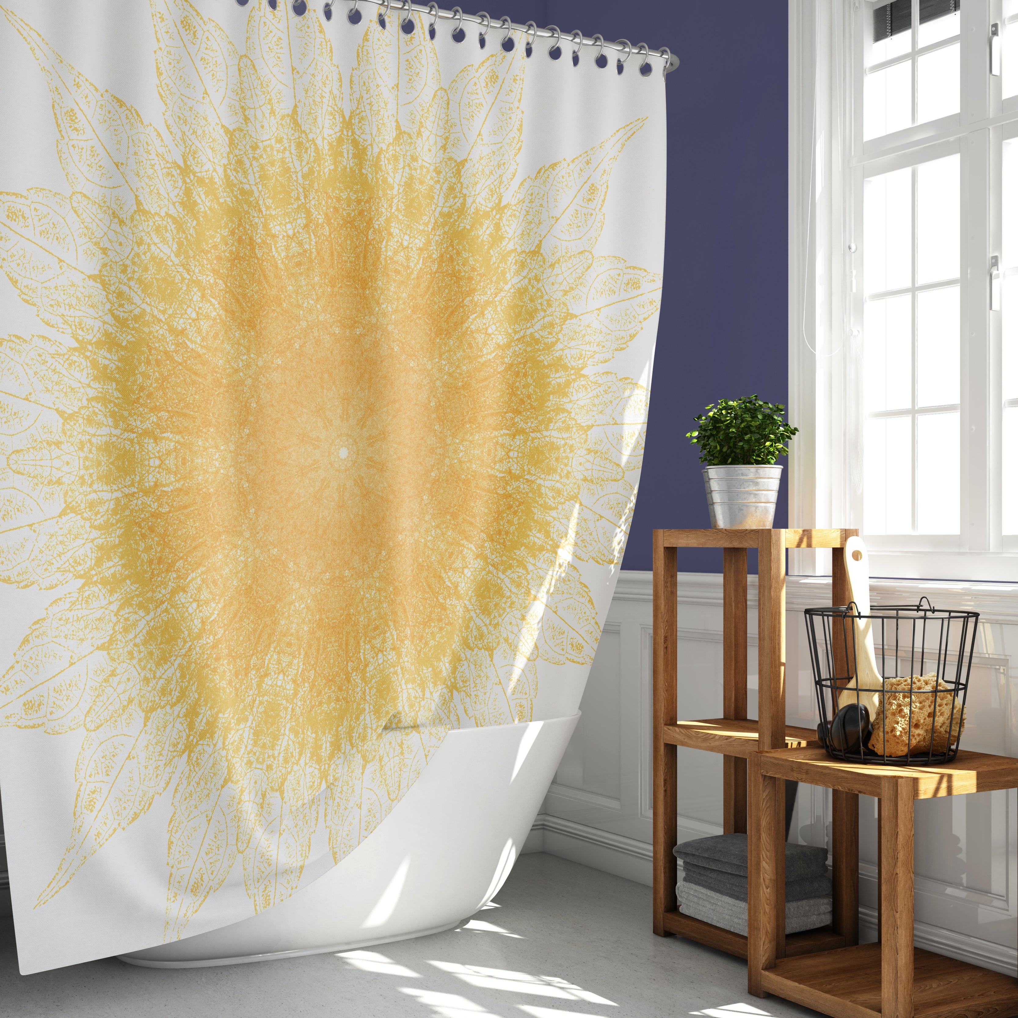 Sunny Starburst Mandala Print Shower Curtain - Yellow Leaves Design for Bathroom Decor, Waterproof & Stylish Bath Accessory (Perfect for Boho, Hippie & Tropical Themed Bathrooms)
