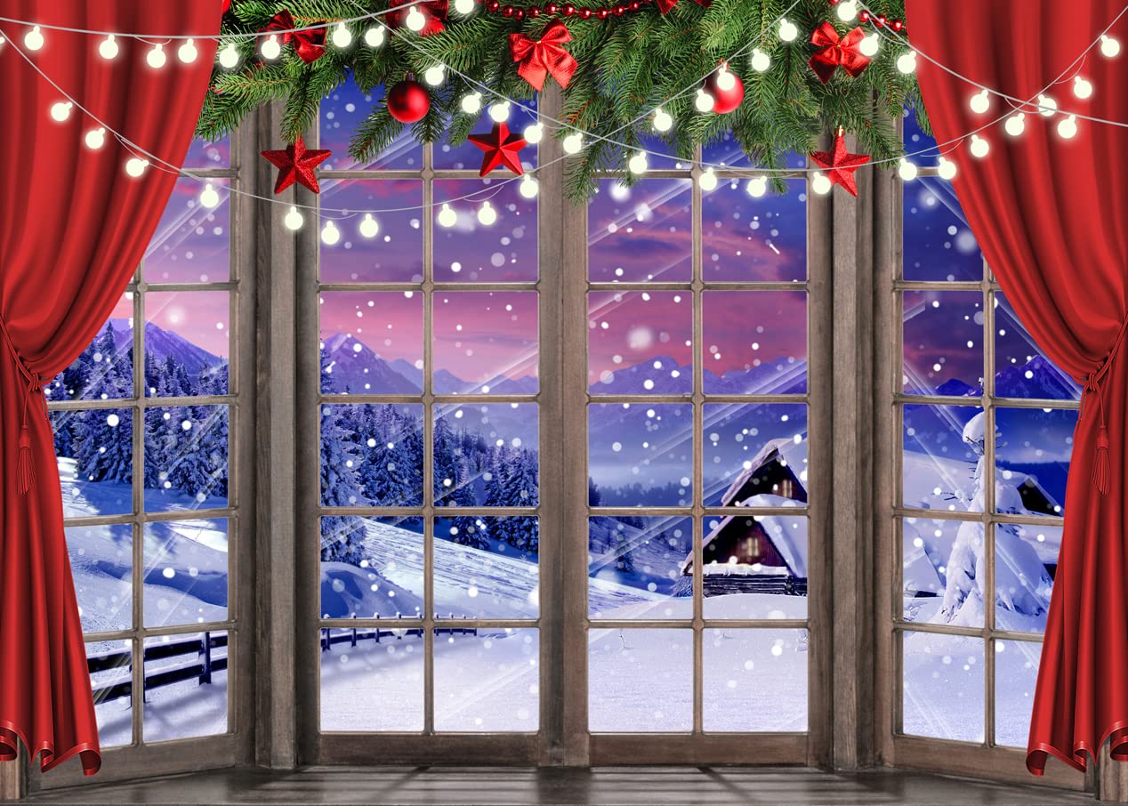 LYCGS 7X5FT Christmas Photography Backdrop - Winter Wonderland Snow Tree with Red Curtains for Xmas Photo Studio Props, Holiday Party Decor, Family Portrait Background (Model X-67)