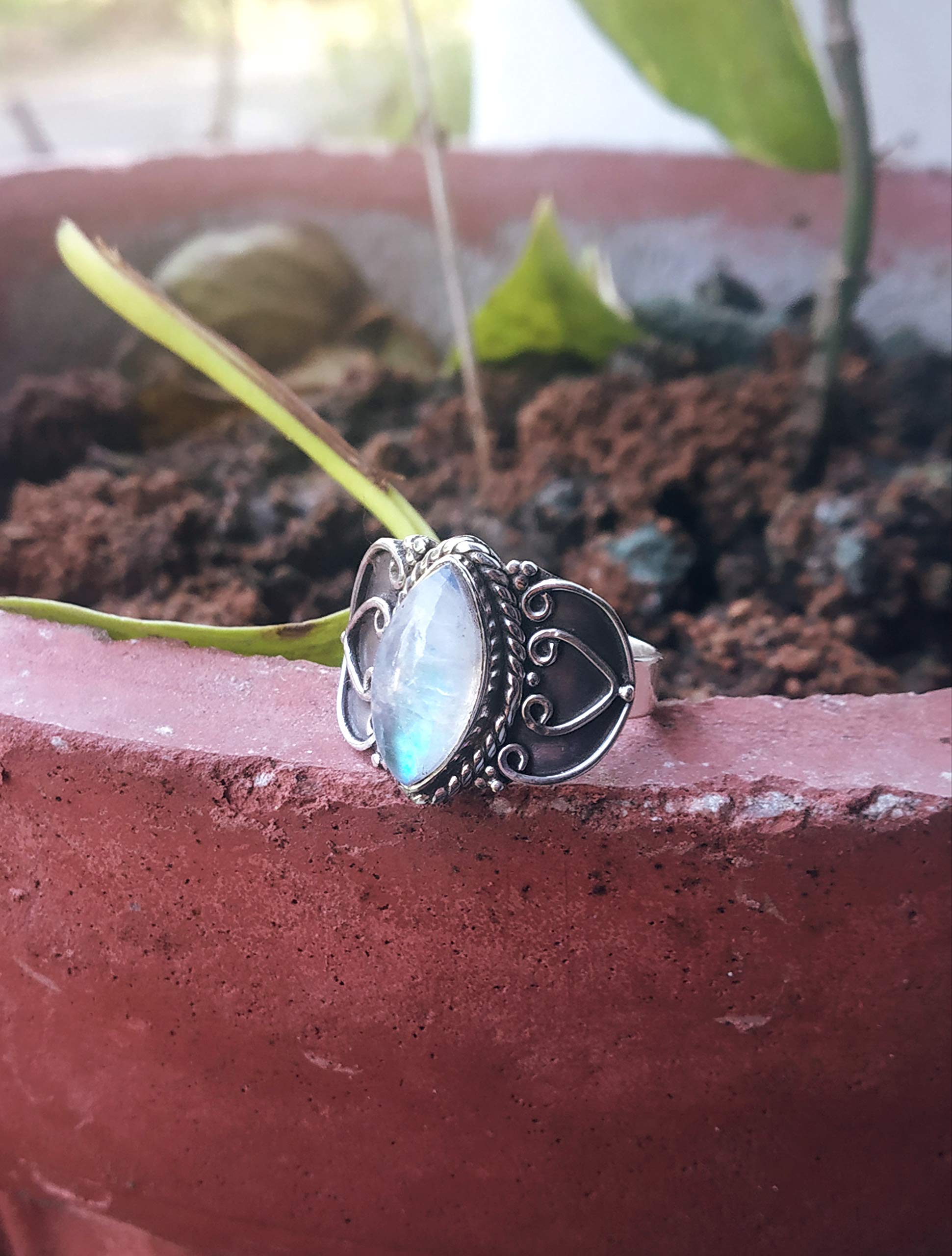 Rainbow Moonstone Ring - 925 Sterling Silver June Birthstone Jewelry, Marquise Cut Filigree Ring for Meditation & Healing | Boho Statement Bridal Gift for Women, Promise Ring for Her | Perfect for Spiritual Healing, Wedding Gifts & Everyday Boho Fashion