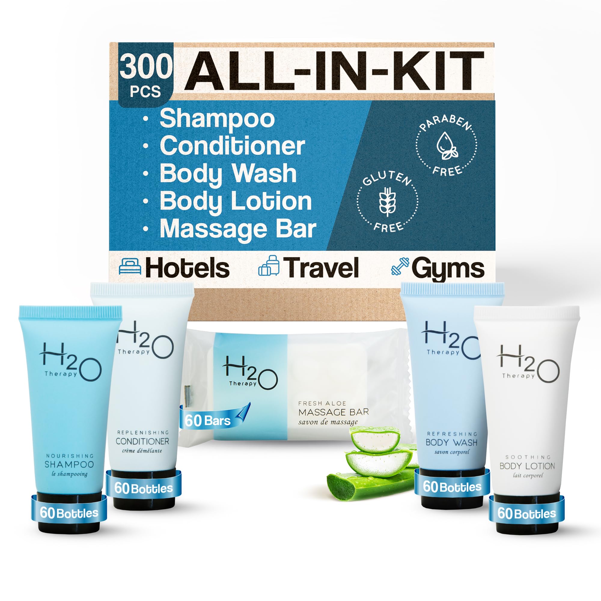 H2O Therapy Hotel Soaps & Toiletries Bulk Set - 300 Pieces Travel Size Amenities Kit with 0.85oz Shampoo, Conditioner, Body Wash, Lotion & 1oz Bar Soap | Perfect for Hotels, Spas, Travelers & Hospitality Businesses