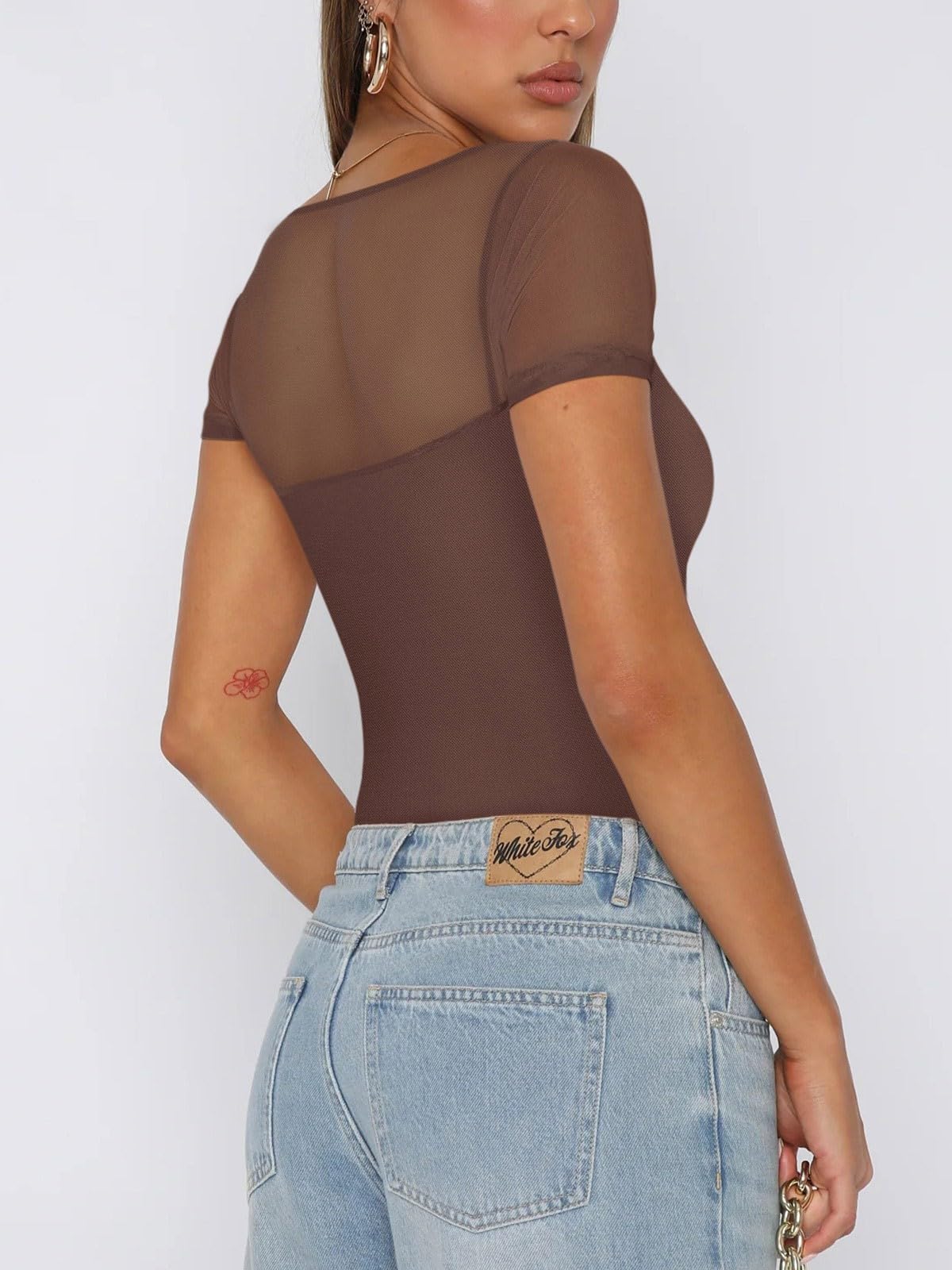REORIA Women's Sexy Square Neck Short Sleeve Sheer Mesh Bodysuit - Double Lined Slimming Tops for Going Out & Nightlife | 2024 Trendy Clubwear, Date Night Outfit, Party Wear