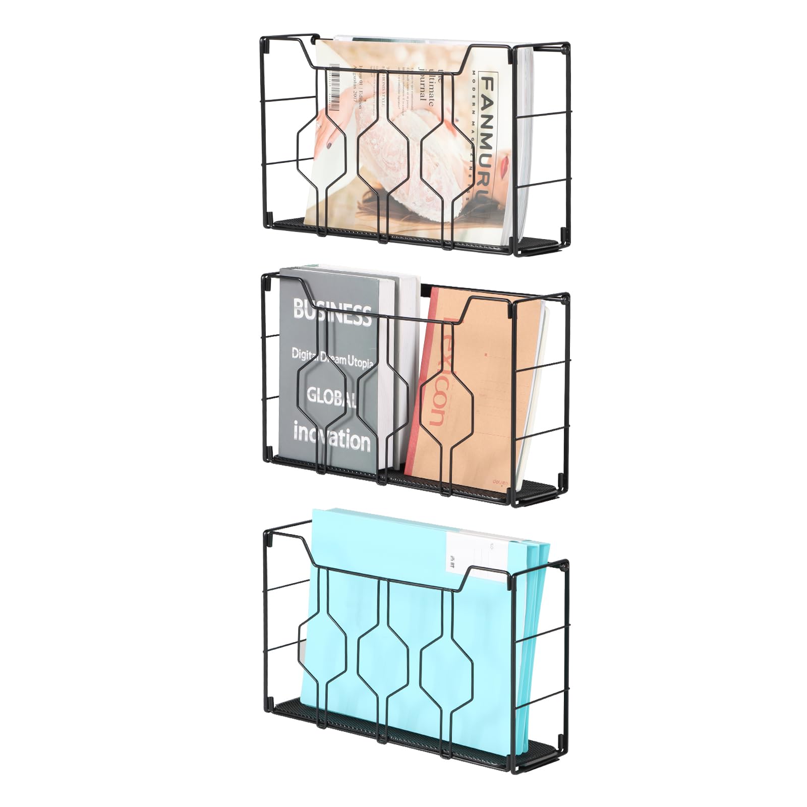 KEEGH Vertical Wall Mount File Organizer - Metal Hanging Wall File Folder Holder for Mail, Magazine & Paper Documents - 3 Pack Black - Perfect for Home Office Organization & Space Saving Storage
