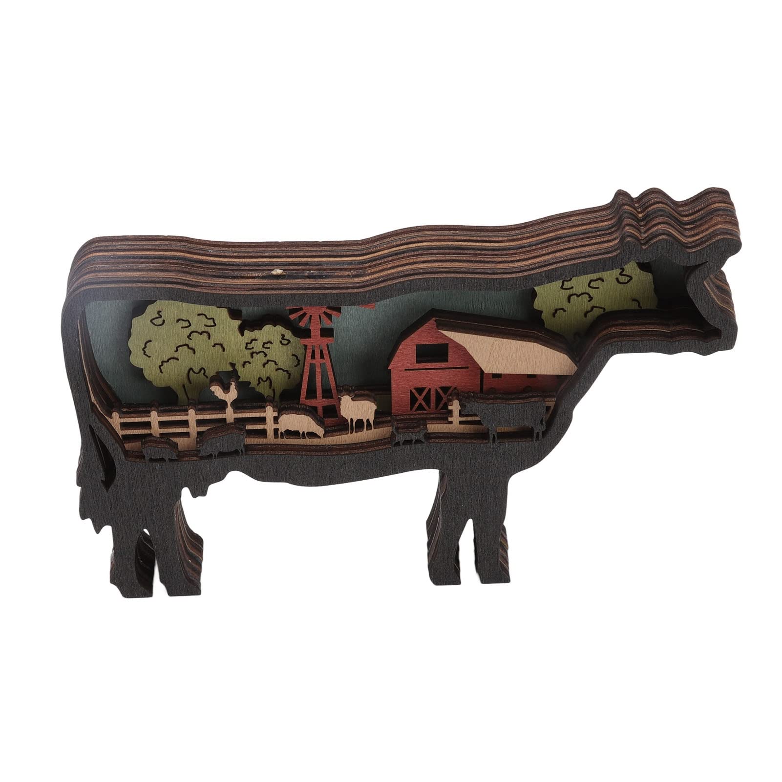 Exquisite Boxwood Carving Ornament - Multi-Layer Wooden Cow with Lamp Wall & Desktop Decoration - Handcrafted Home Decor for Living Room, Office & Gift Giving