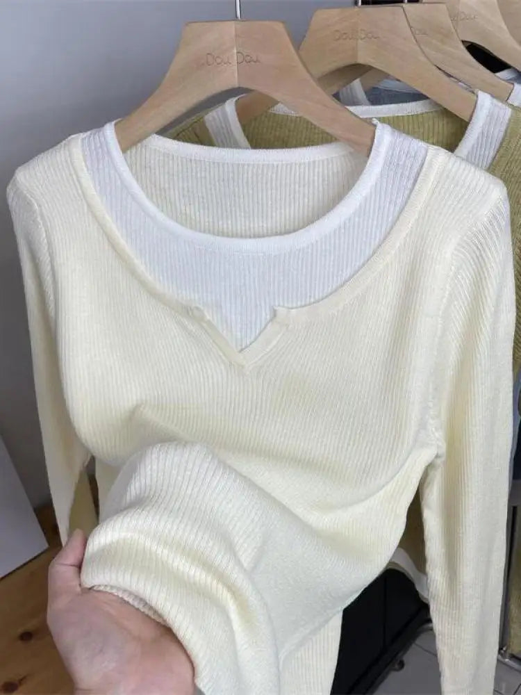 2024 New Women's French Casual Patchwork Long Sleeve Pullover Sweater - Round Neck Knitwear Top for Autumn Winter | Perfect for Holiday Gifts & Streetwear Fashion